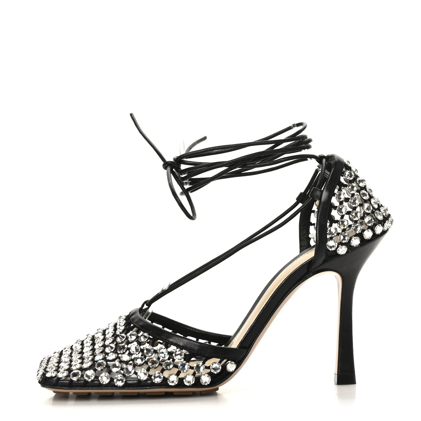 Mesh Nappa Crystal Embellished Sparkle Stretch Ankle Tie Sandals 39 Black