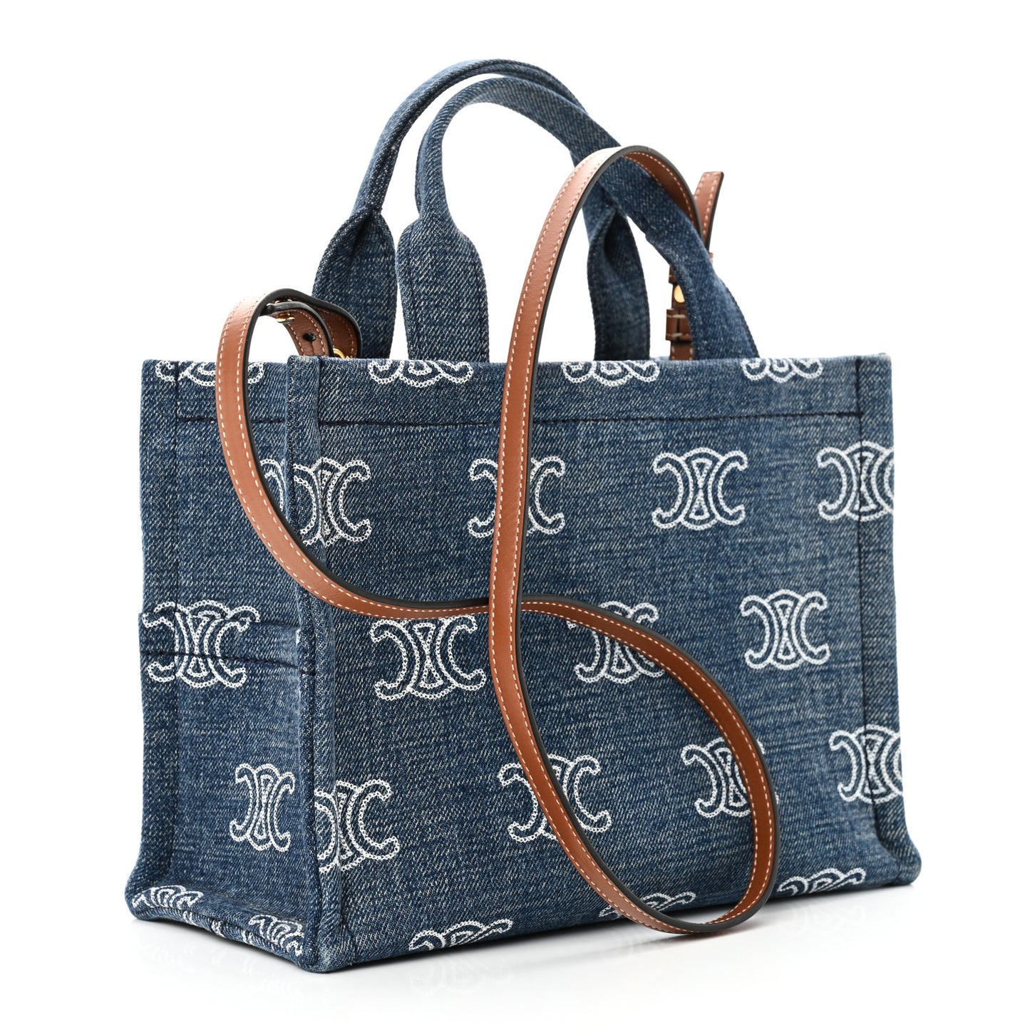 Denim Calfskin Triomphe Print Cabas Blue Tan