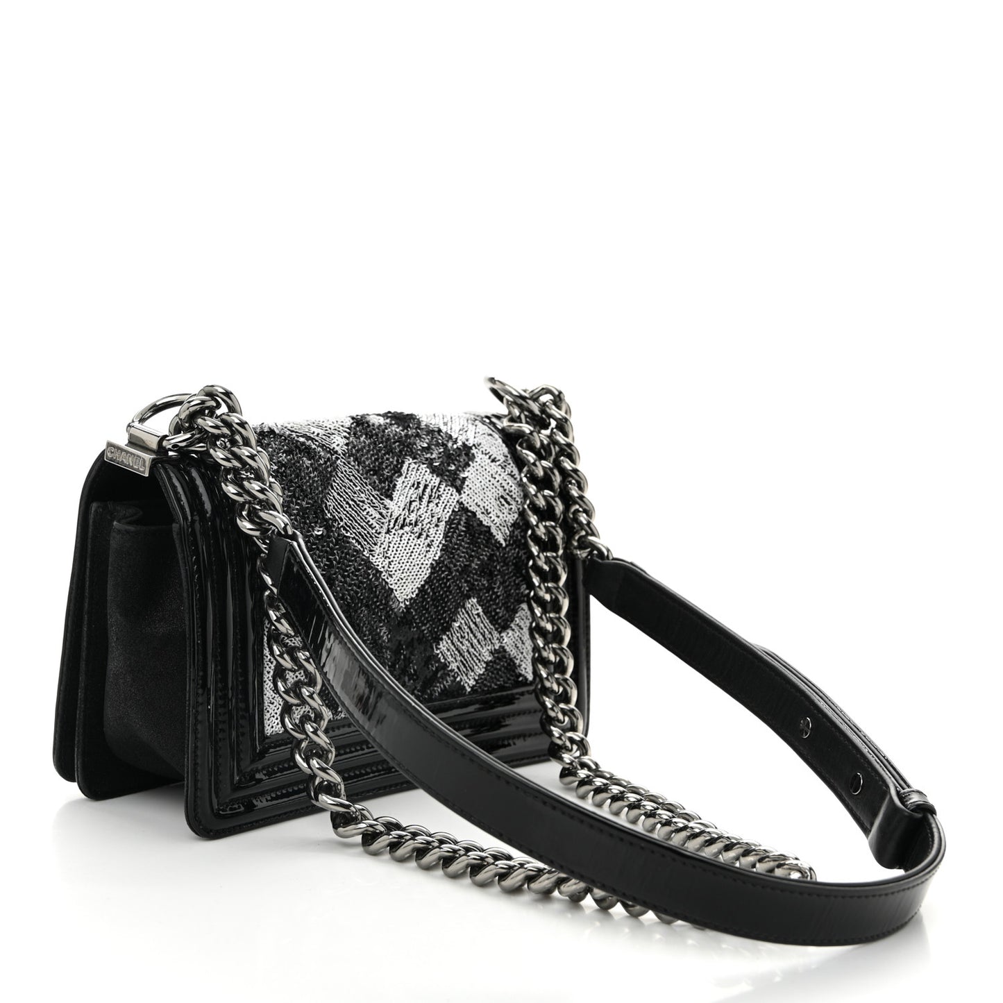 Patent Iridescent Calfskin Sequin Medium Boy Flap Bag Black