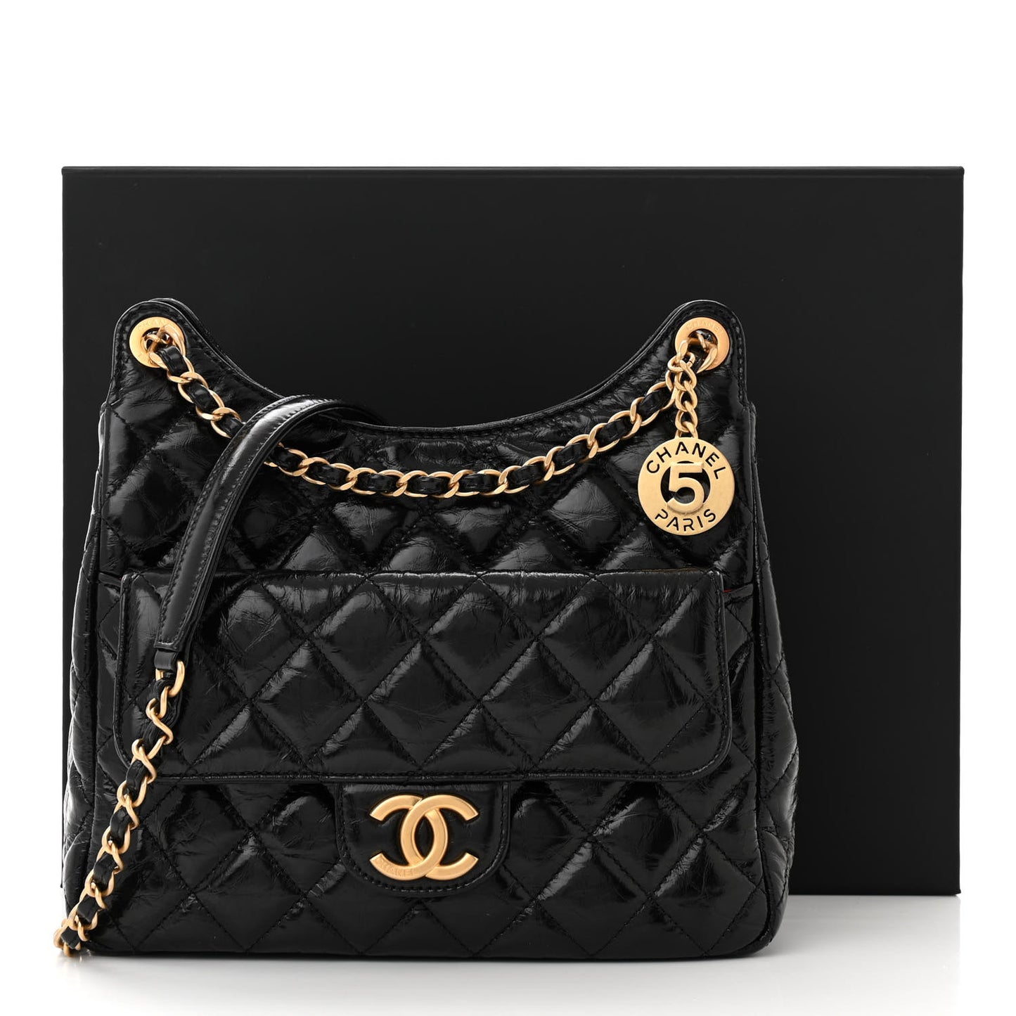 Shiny Crumpled Calfskin Quilted Wavy CC Hobo Black