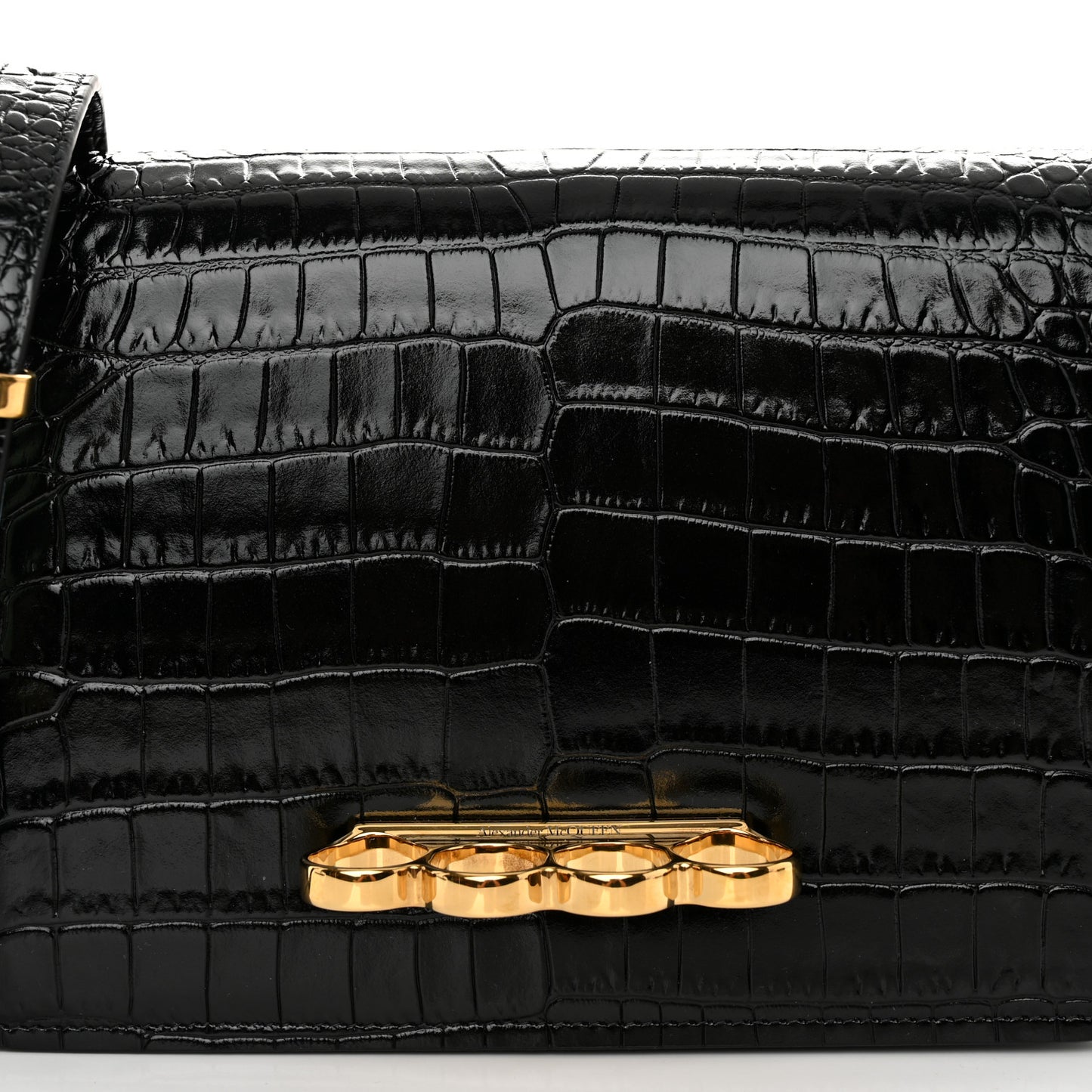 ALEXANDER MCQUEEN Calfskin Crocodile Embossed Four Ring Knuckle Crossbody Bag Black