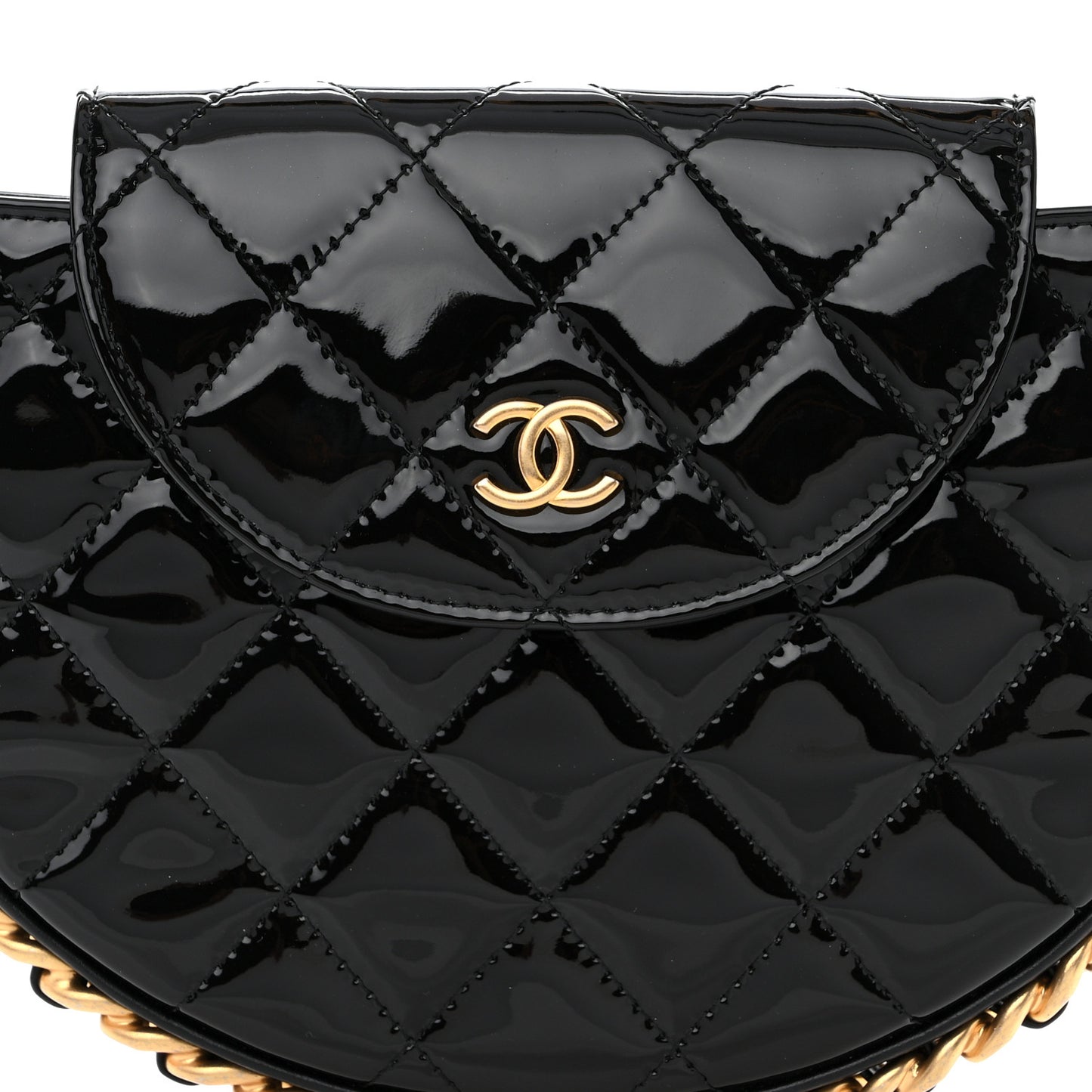 Patent Calfskin Quilted Chain Hoop Bag Black