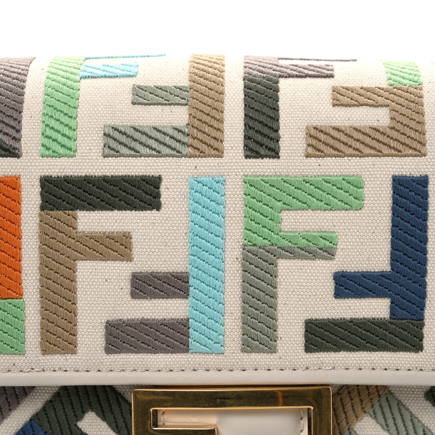 Canvas Vitello Seta FF Multicolor Embroidered Baguette Grezzo Multicolor Latte
