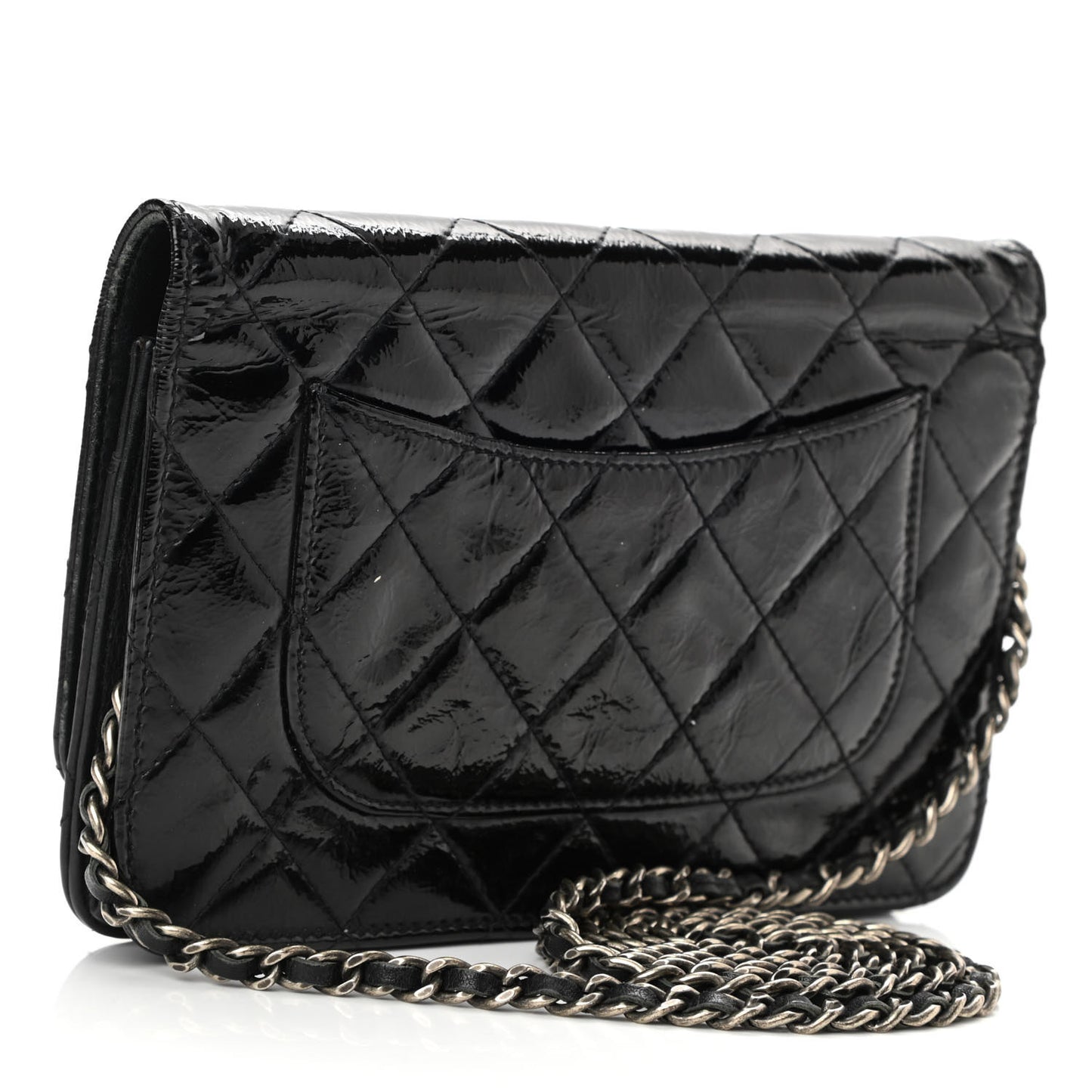 Distressed Patent Calfskin Quilted Reissue Wallet On Chain WOC Black