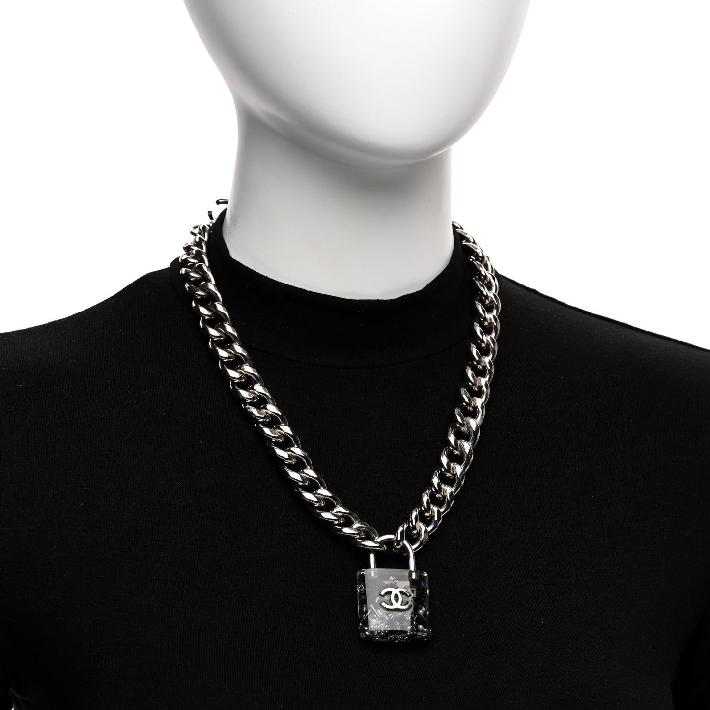 Resin CC Oversized Padlock Chain Necklace Silver Pearly White