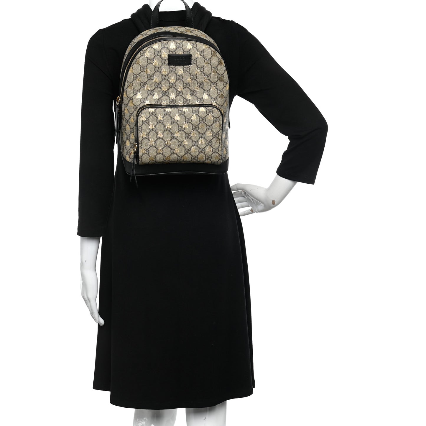 GG Supreme Monogram Bees Print Small Day Backpack Beige Oro Black