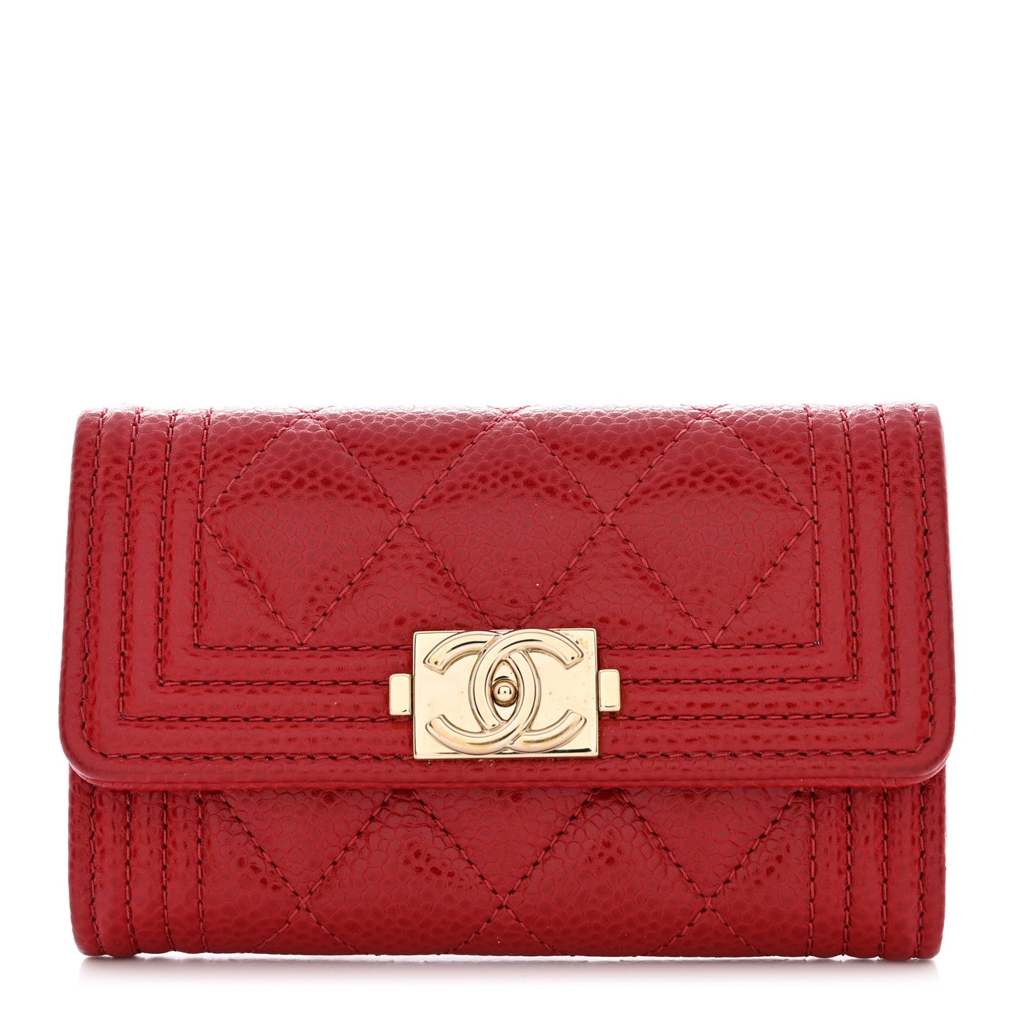 Caviar Quilted Boy Flap Card Holder Wallet Red