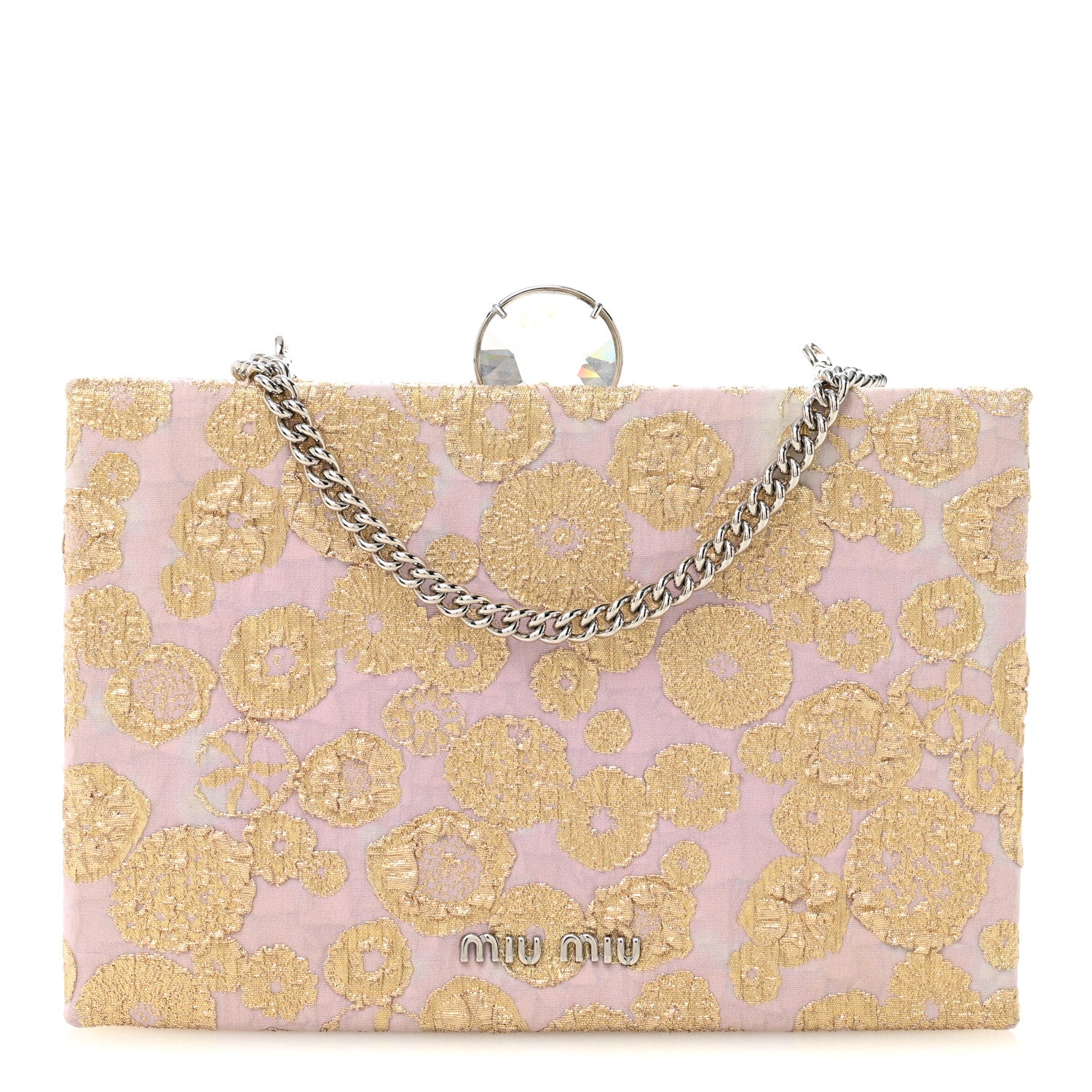 Miu Miu Brocade Floral Jacquard Crystal Chain Clutch Pink Gold