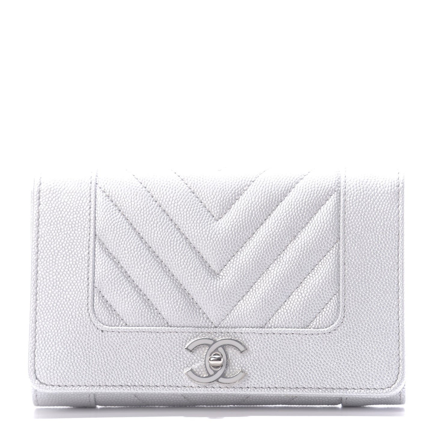 Metallic Caviar Chevron Quilted Mademoiselle Vintage Flap Wallet Silver