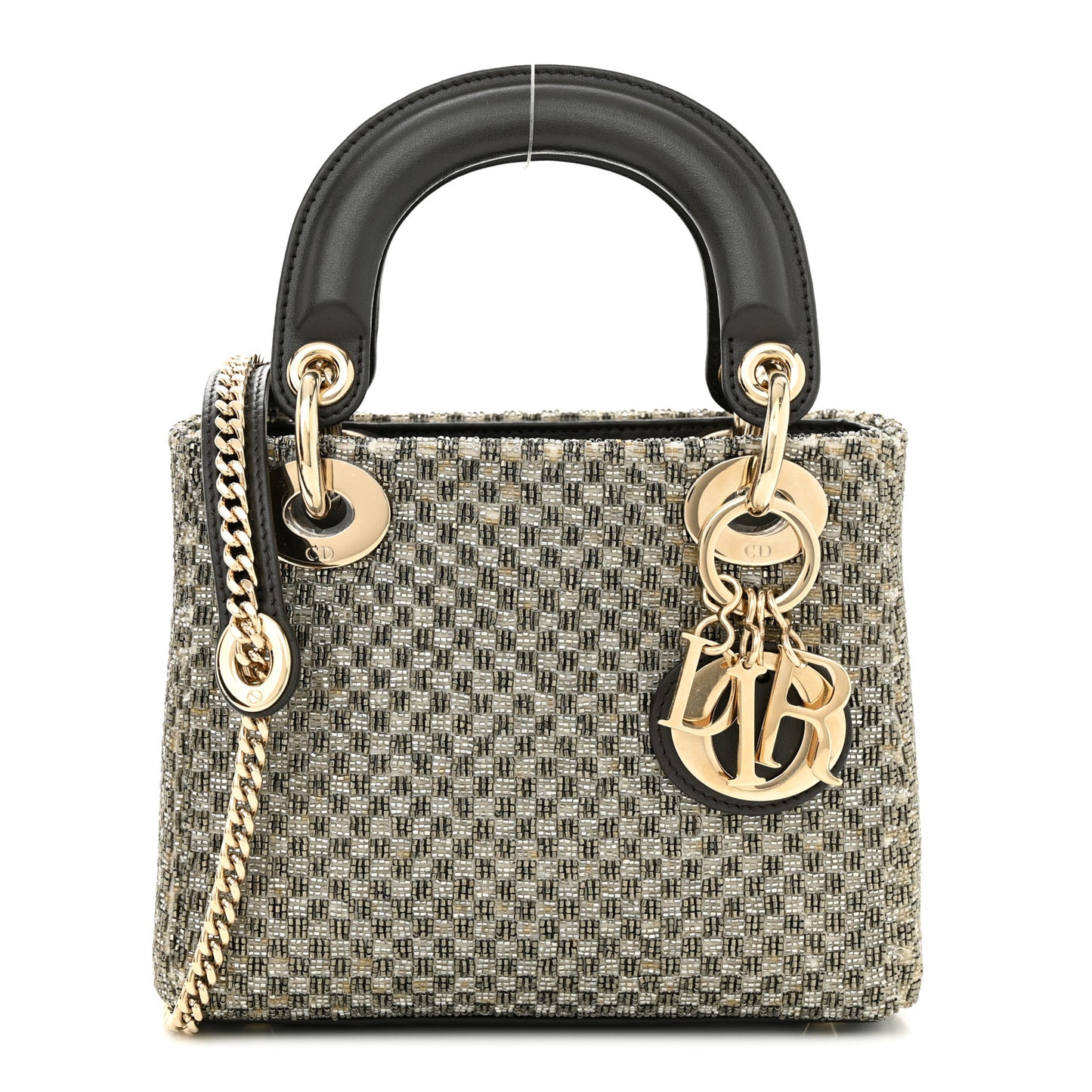 Calfskin Beaded Checkered Mini Lady Dior Grey White
