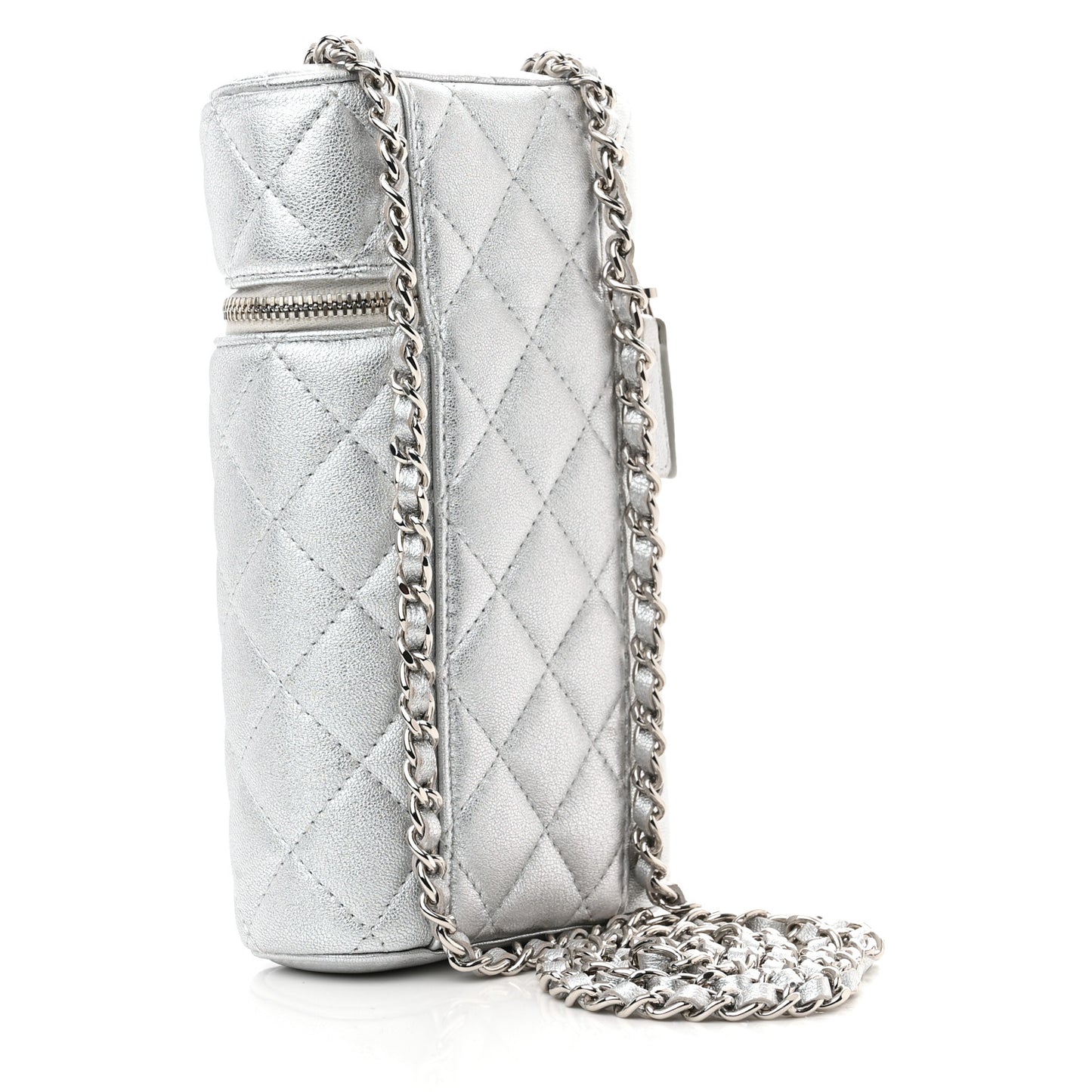 Metallic Lambskin Quilted Phone Holder With Chain Silver