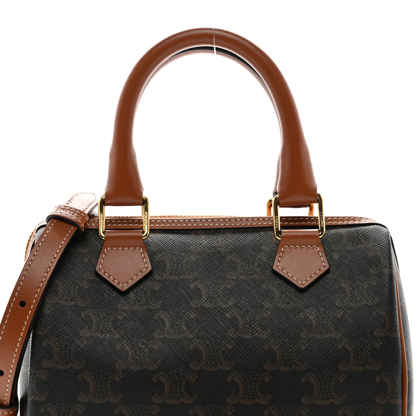 Triomphe Canvas Calfskin Small Boston Bag Tan