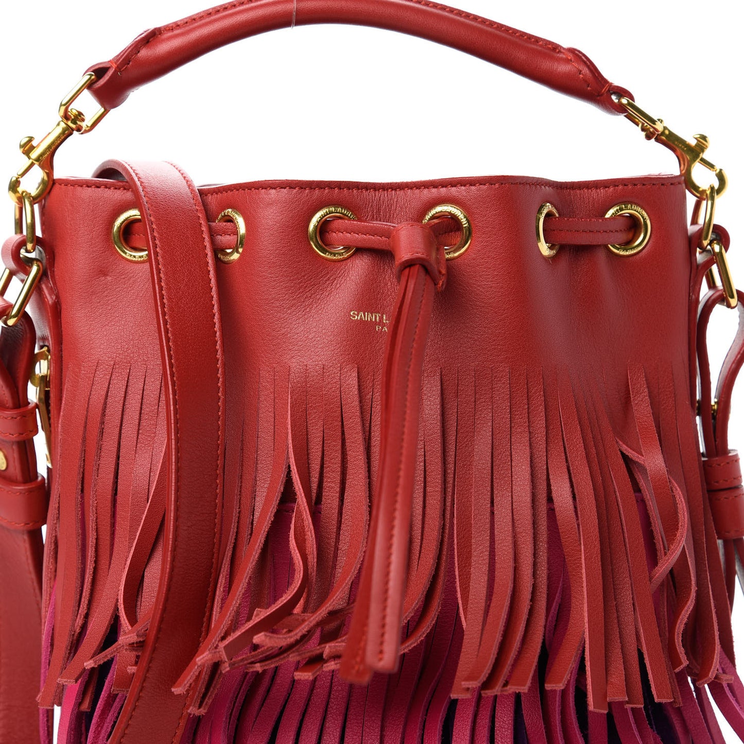 Calfskin Tri-Color Small Emmanuelle Fringe Bucket Bag Red Bubblegum Purple