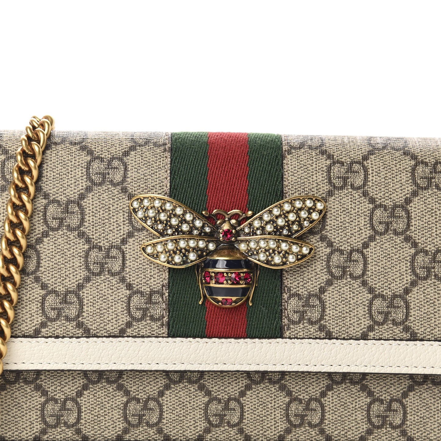 GG Supreme Monogram Web Queen Margaret Chain Wallet White