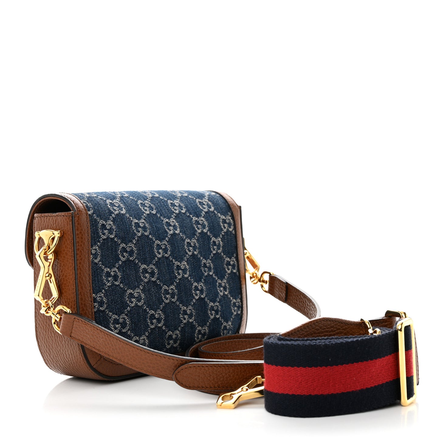 New Denim GG Monogram Dollar Calfskin Web Mini Horsebit 1955 Shoulder Bag Blue Tea Cuir Epilog