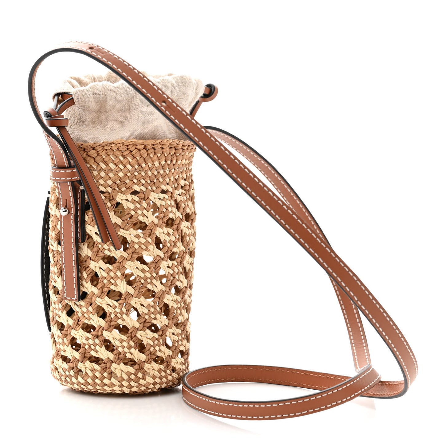 Calfskin Raffia Paula's Ibiza Pocket Bucket Bag Natural Tan
