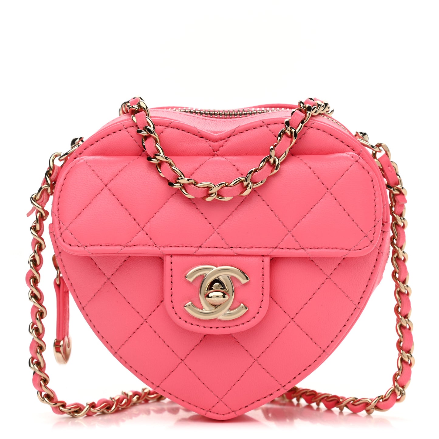 Lambskin Quilted CC In Love Heart Clutch With Chain Pink