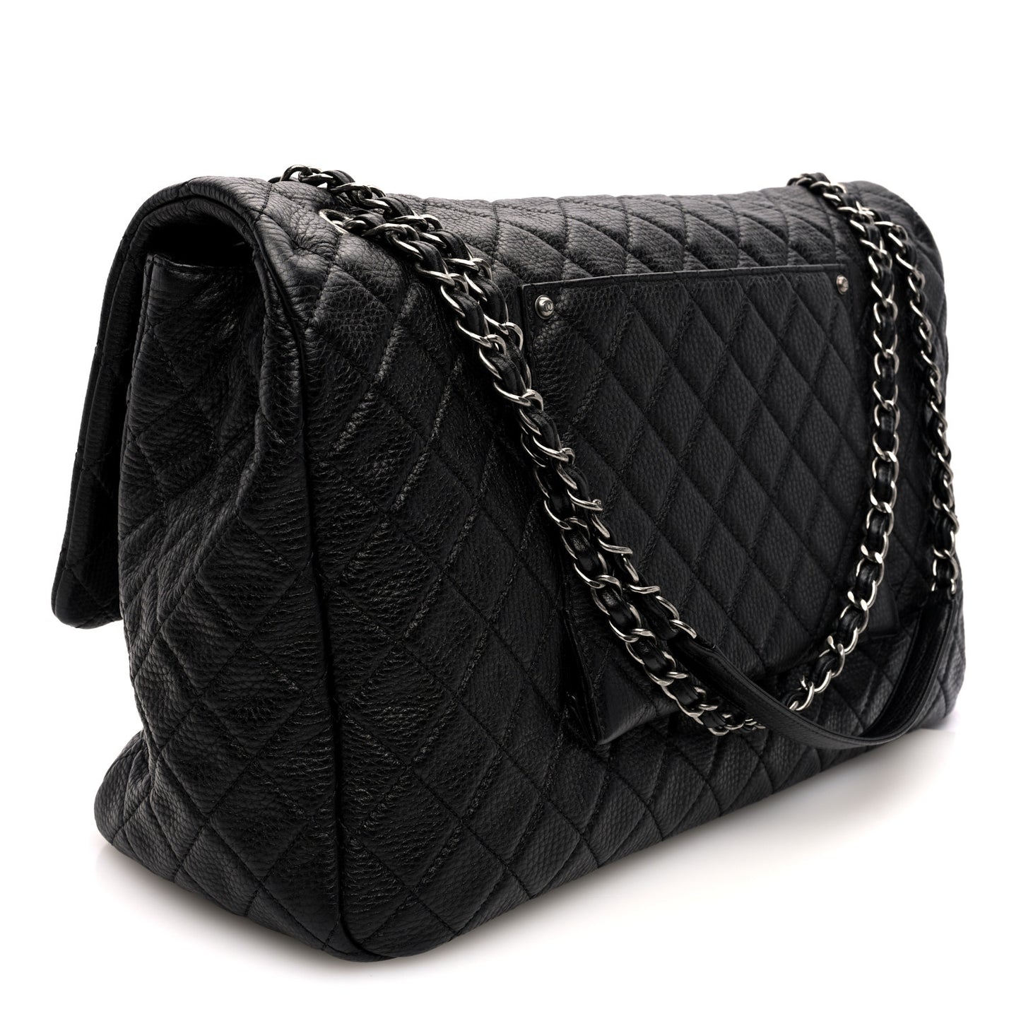 Grained Calfskin Quilted XXL Travel Flap Bag Black