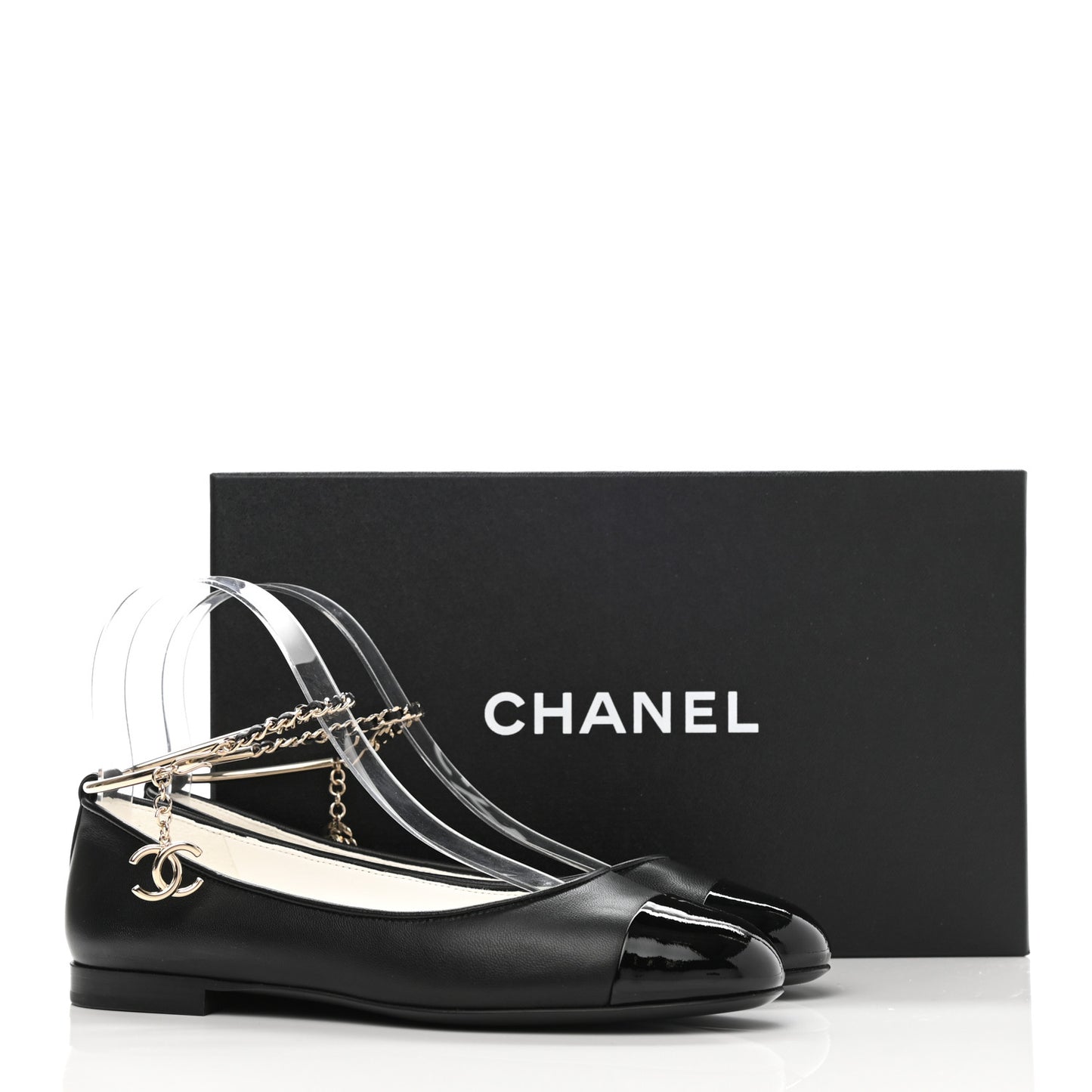 Lambskin Patent Calfskin Cap Toe Ankle Chain Ballerina Flats 36 Black