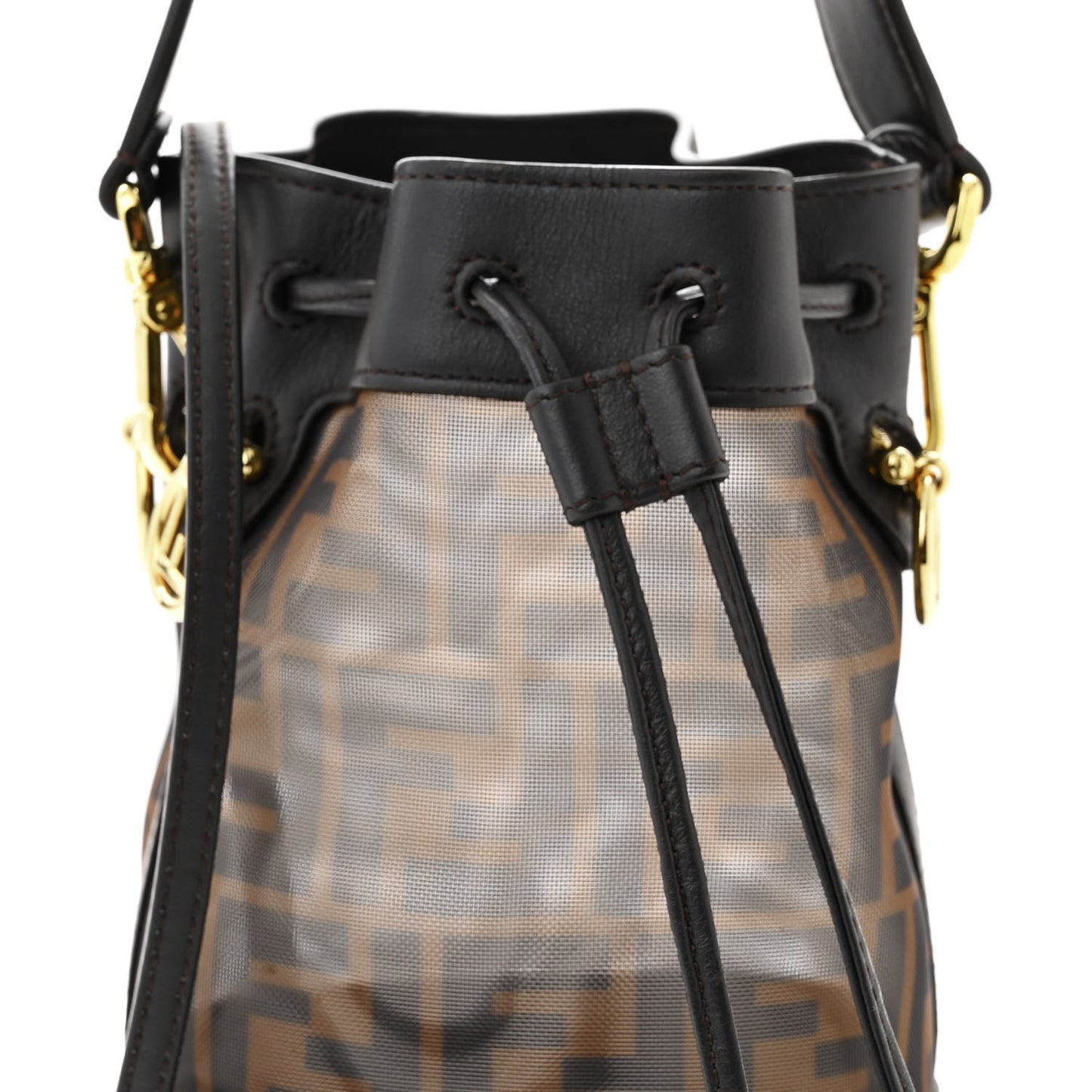 Mesh Vitello Grace F is Fendi FF 1974 Mini Mon Tresor Bucket Bag Marrone Black Ebano