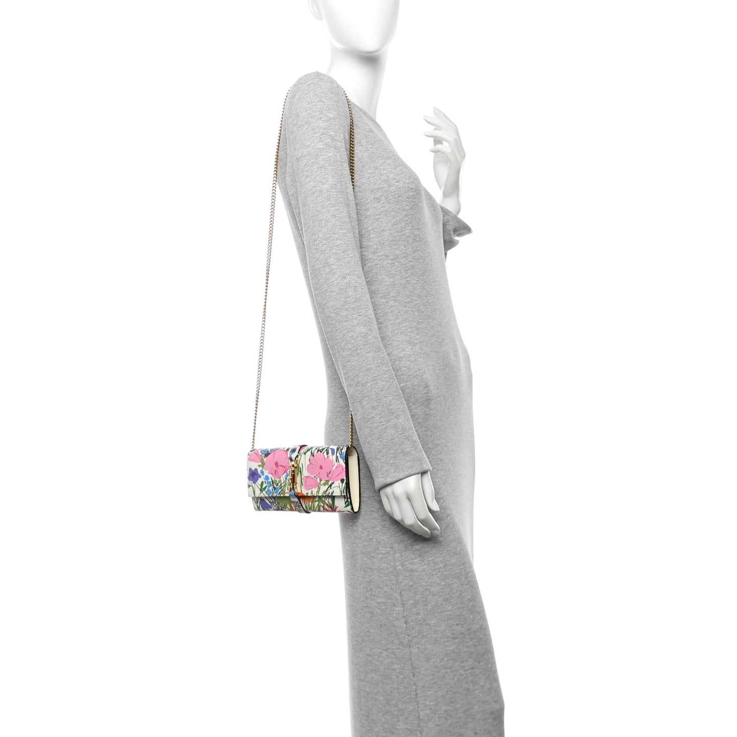 X KEN SCOTT New Shangai Calfskin Jardin D'Avril Floral Print Jackie 1961 Chain Wallet Ivory Pink