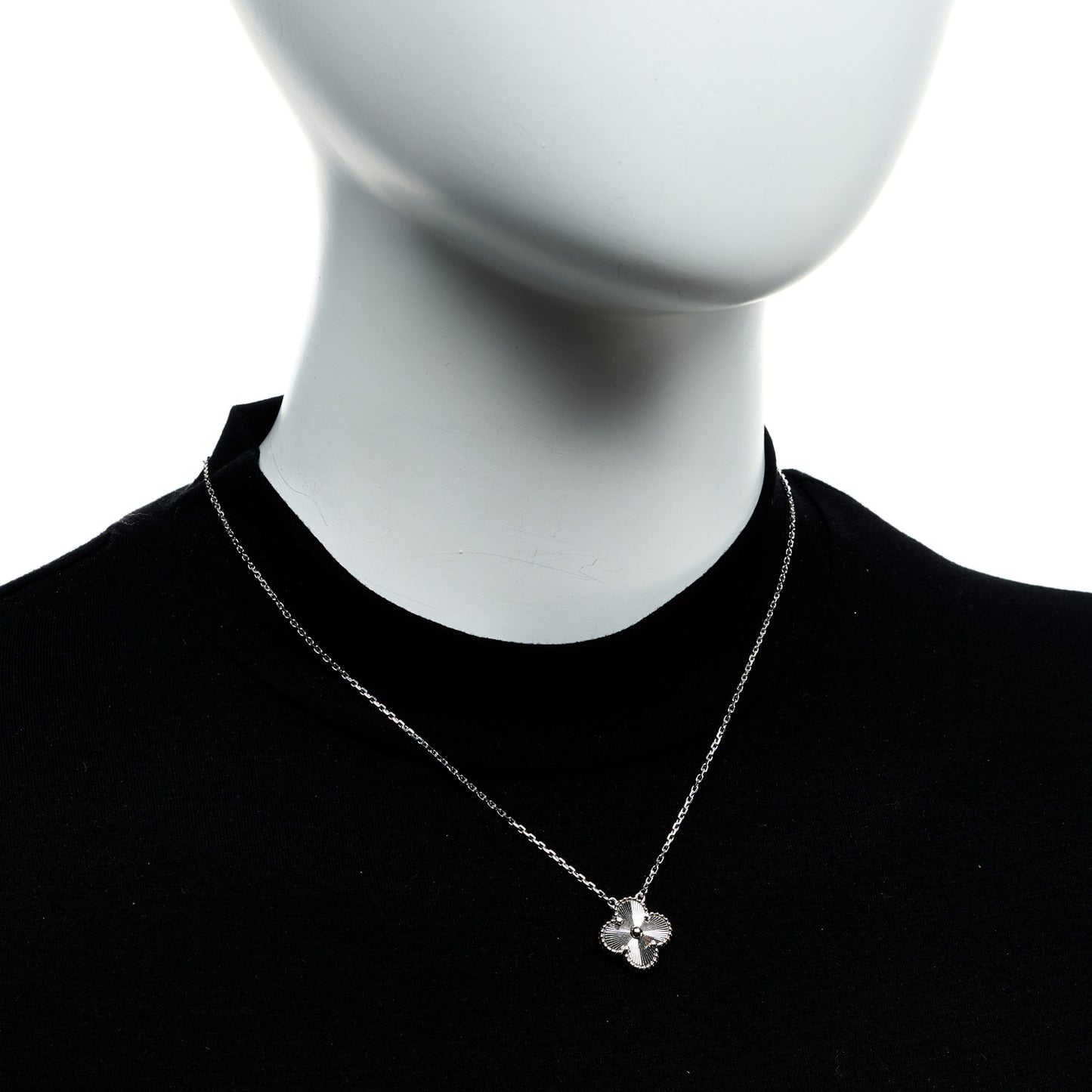 18K White Gold Guilloche Vintage Alhambra Pendant Necklace