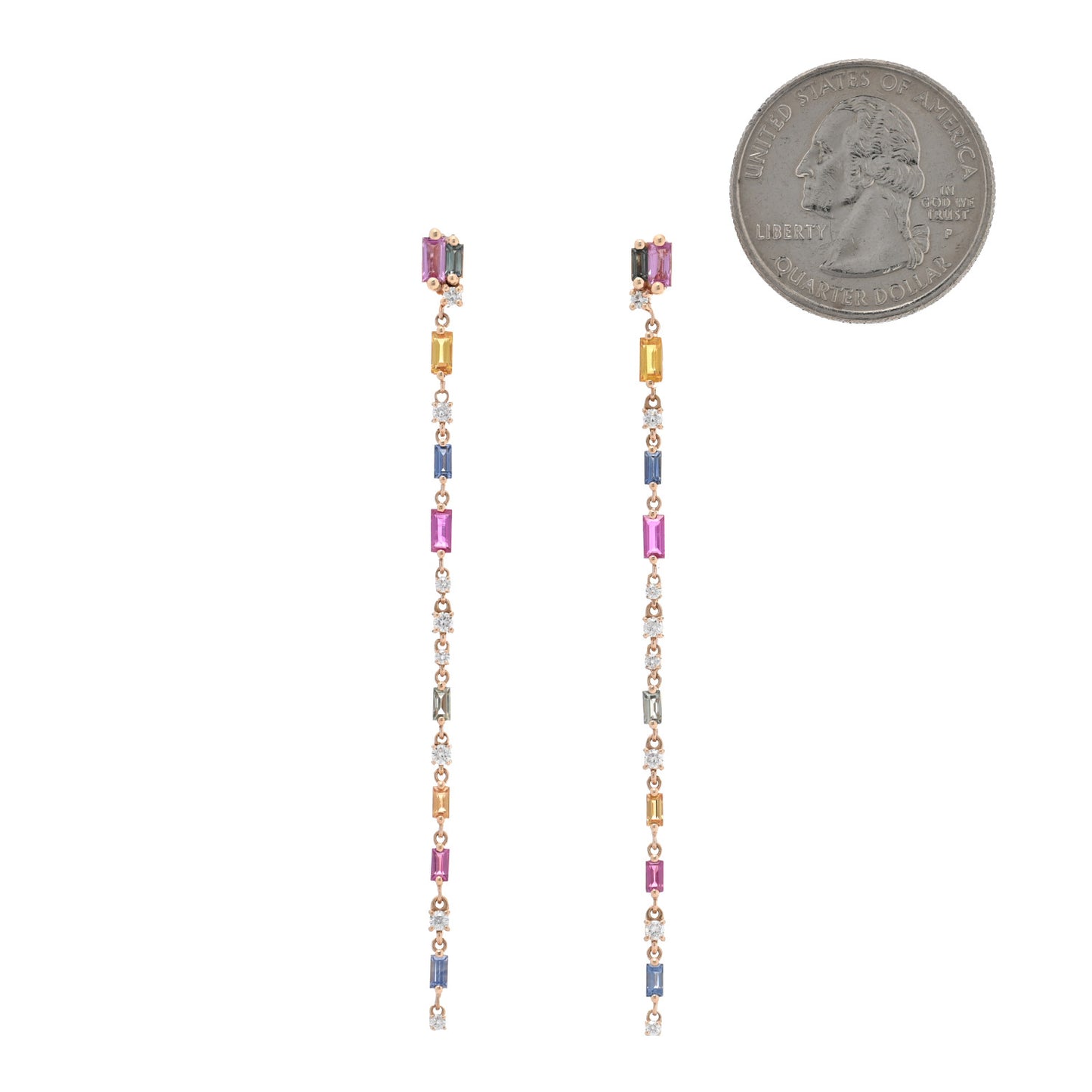 18K Rose Gold Diamond Sapphire Fireworks Rainbow Linear Drop Earrings