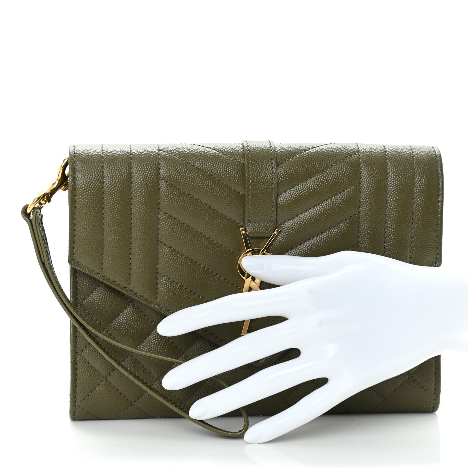 Saint Laurent Grain De Poudre Textured Mixed Matelasse Triquilt Monogram Clutch Vert Kaki 2 of 10