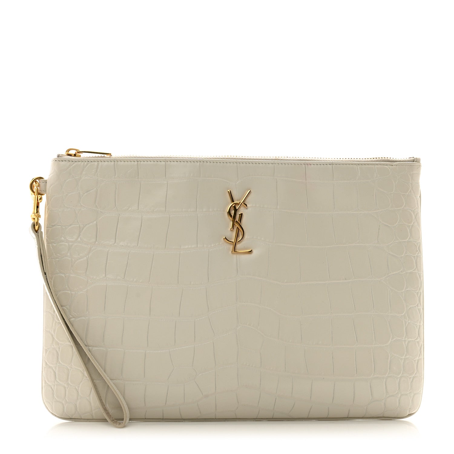 Saint Laurent Calfskin Crocodile Embossed Tablet Pouch Crema Soft 1 of 11
