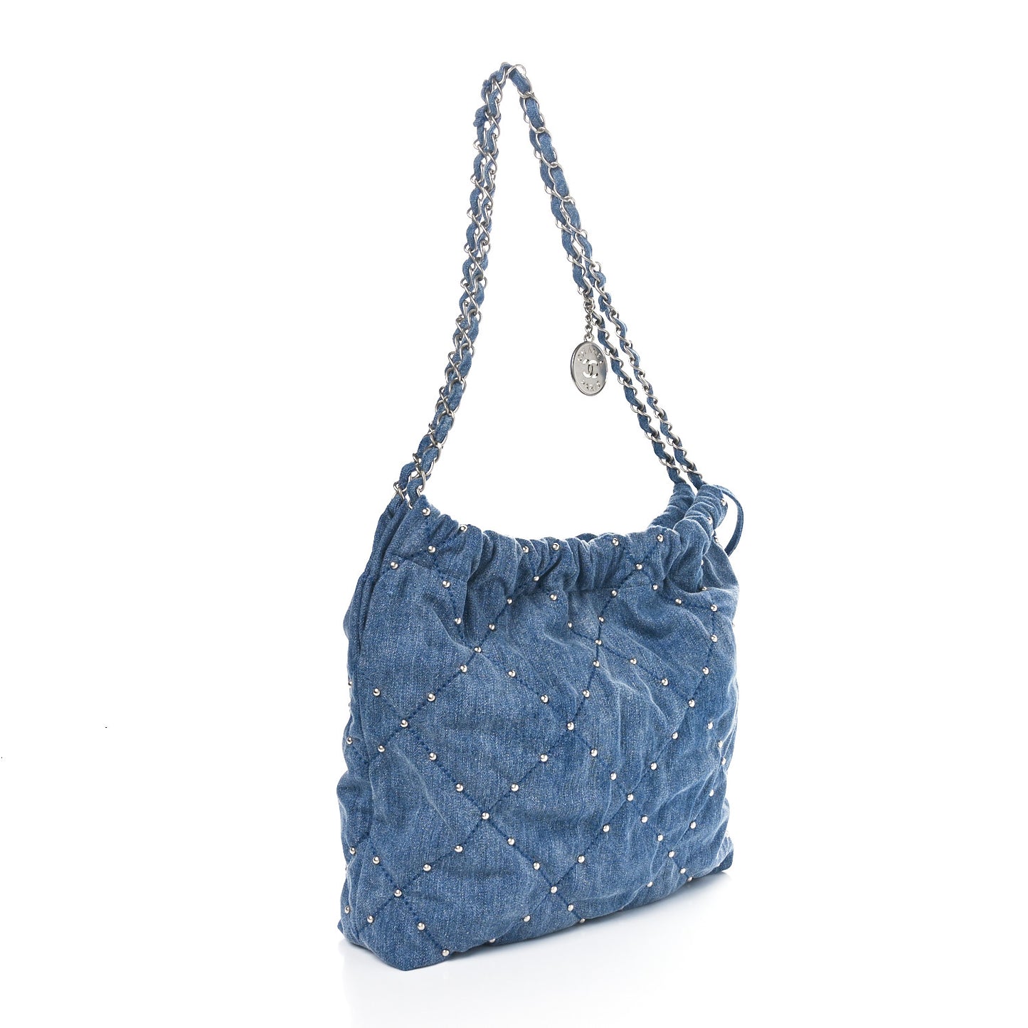 Washed Denim Quilted Studded Small Chanel 22 Blue