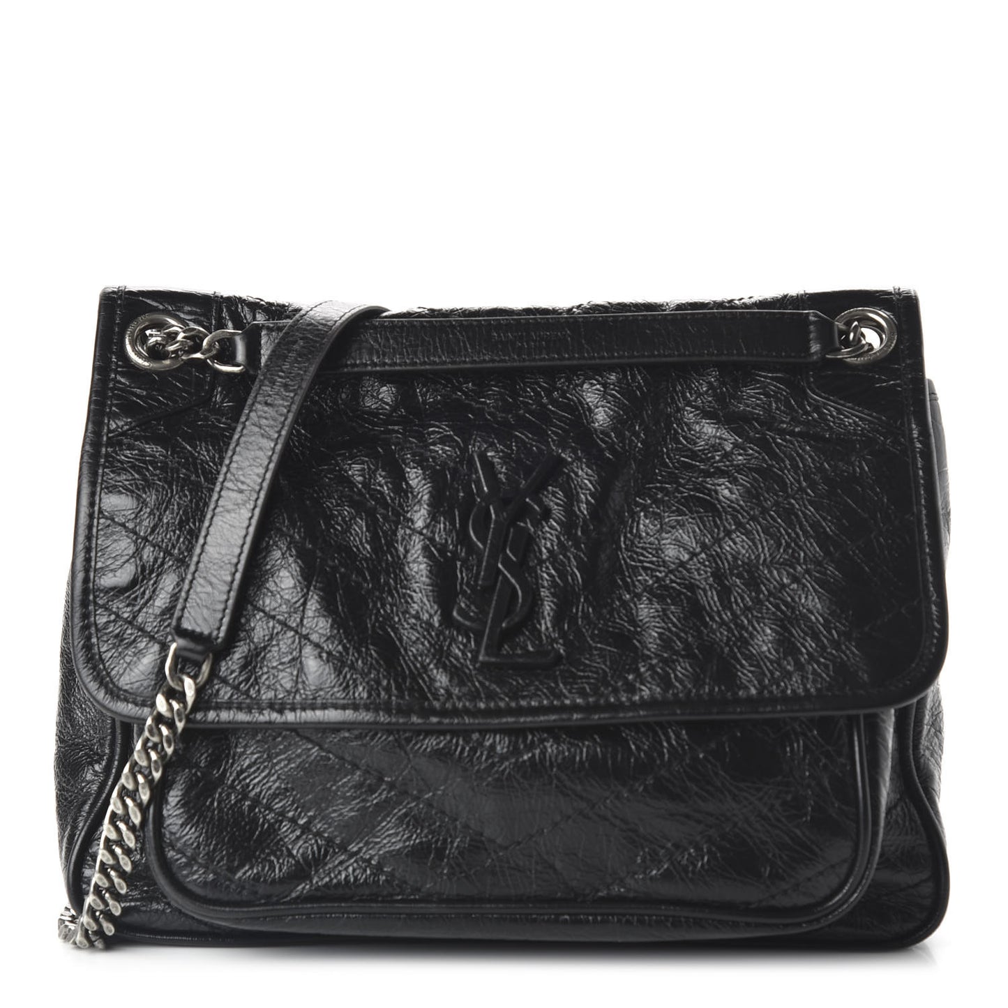 Crinkled Calfskin Matelasse Monogram Medium Niki Chain Satchel Black
