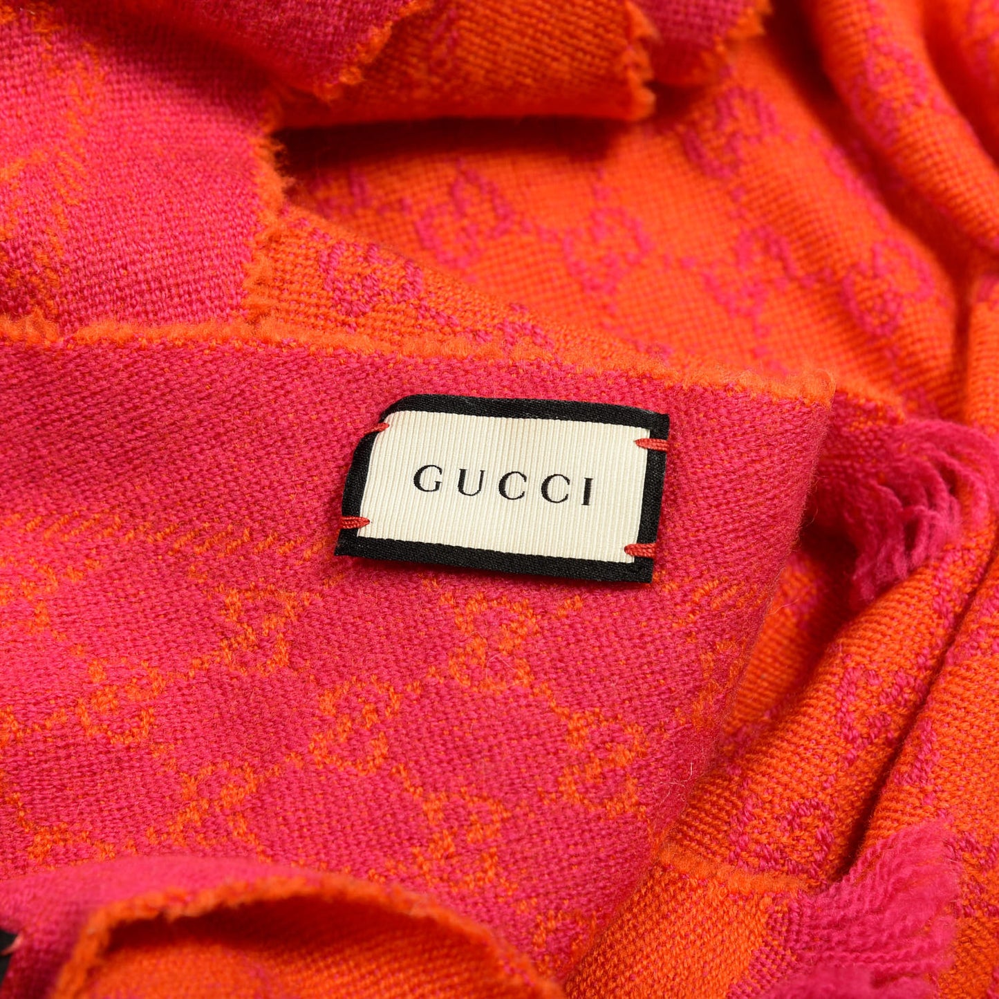 Wool GG Monogram Reversible New Sten Fringe Scarf Orange Pink