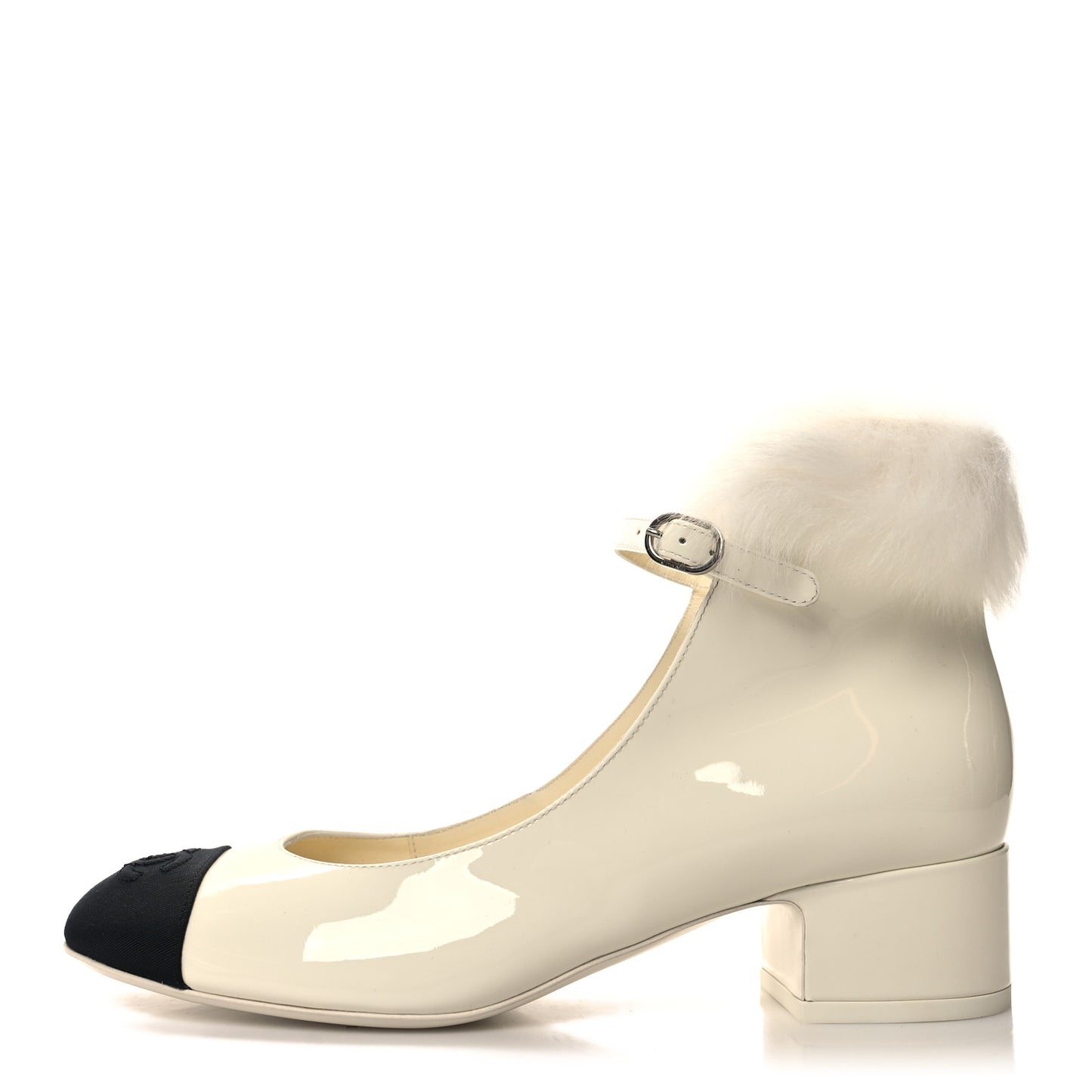 Patent Shearling Lambskin Grosgrain Cap Toe Mary Jane Low Heel Pumps 38.5 White Black