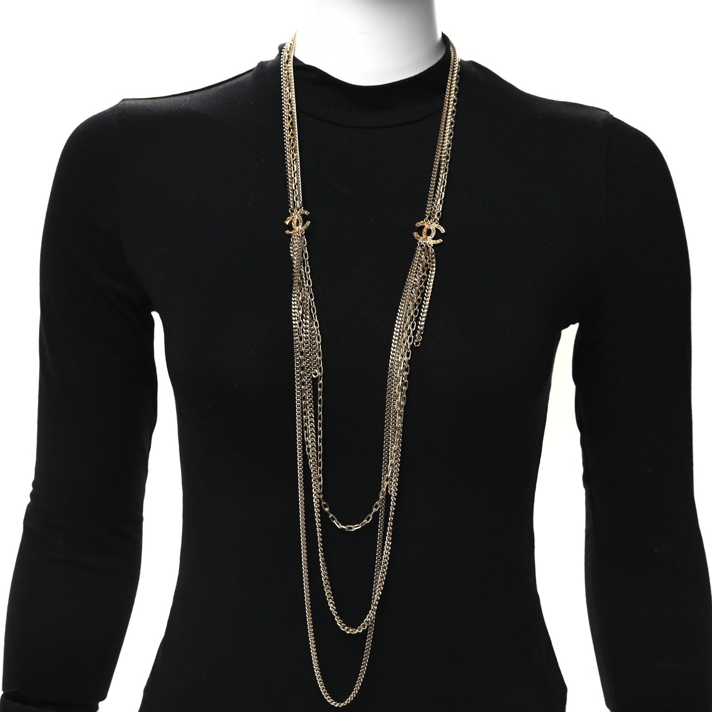 Baguette Crystal Gripoix Poured Glass CC Multi Strand Chain Necklace Light Gold