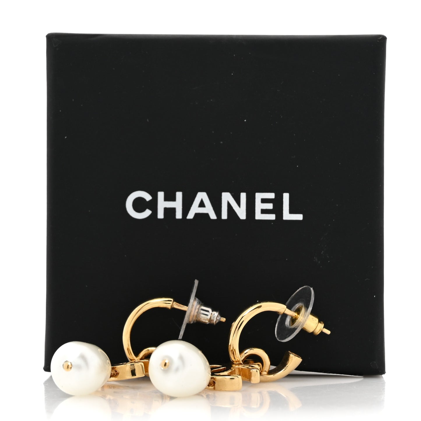 Pearl CC Hoop Drop Earrings Gold Pearly White