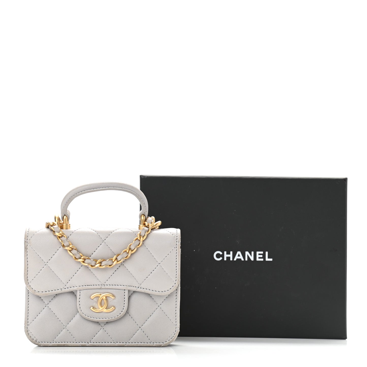 Lambskin Quilted Top Handle Flap Coin Purse With Chain Grey
