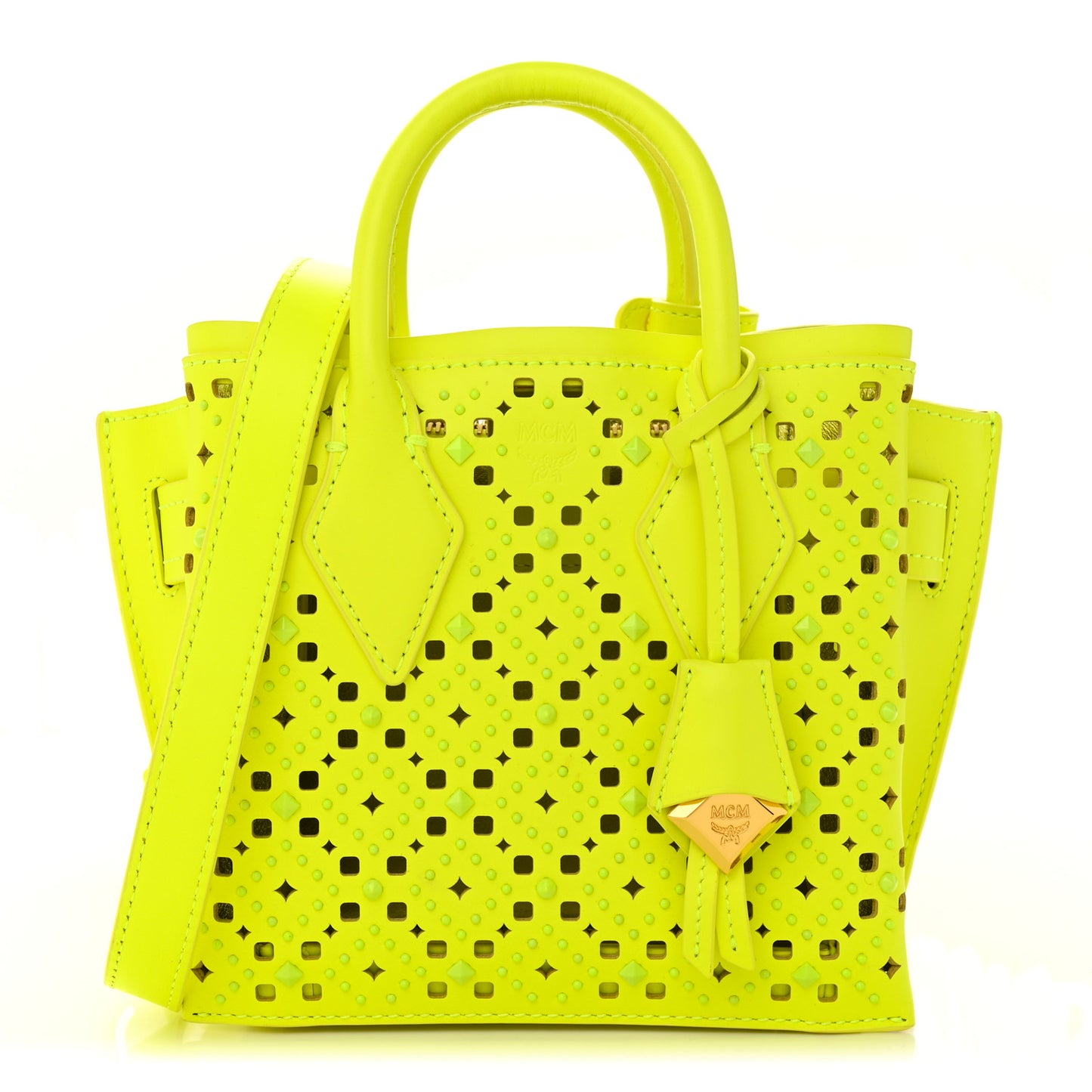 Perforated Calfskin Studded Mini Milla Tote Neon Yellow