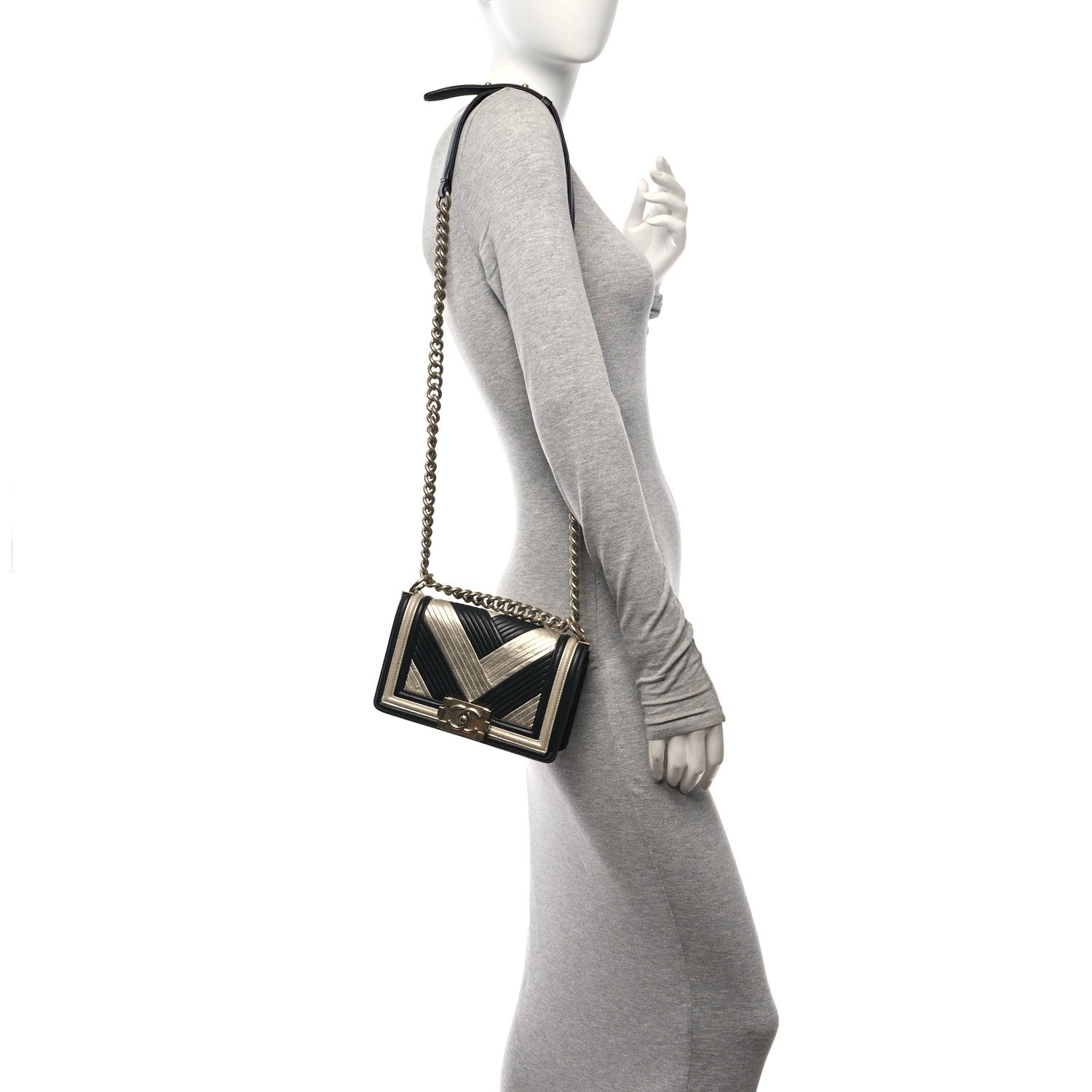 Chanel Metallic Calfskin Pleated Small Boy In Rome Flap Black Gold 2 of 10