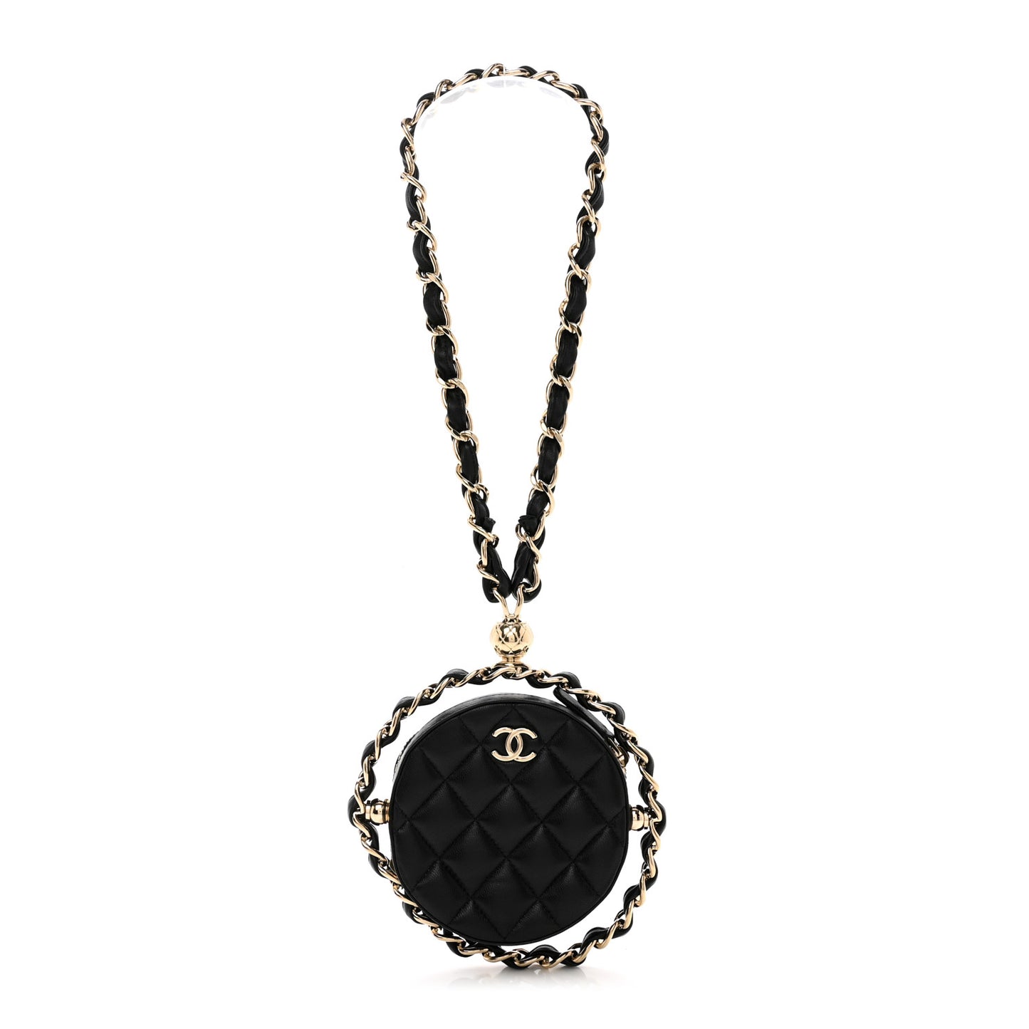 Lambskin Quilted Chain Round Mini Clutch Black