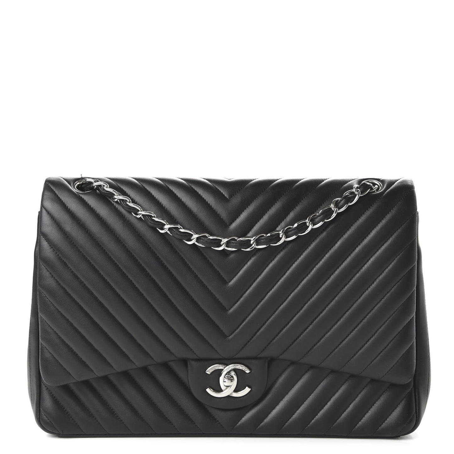 Lambskin Chevron Quilted Maxi Double Flap Black
