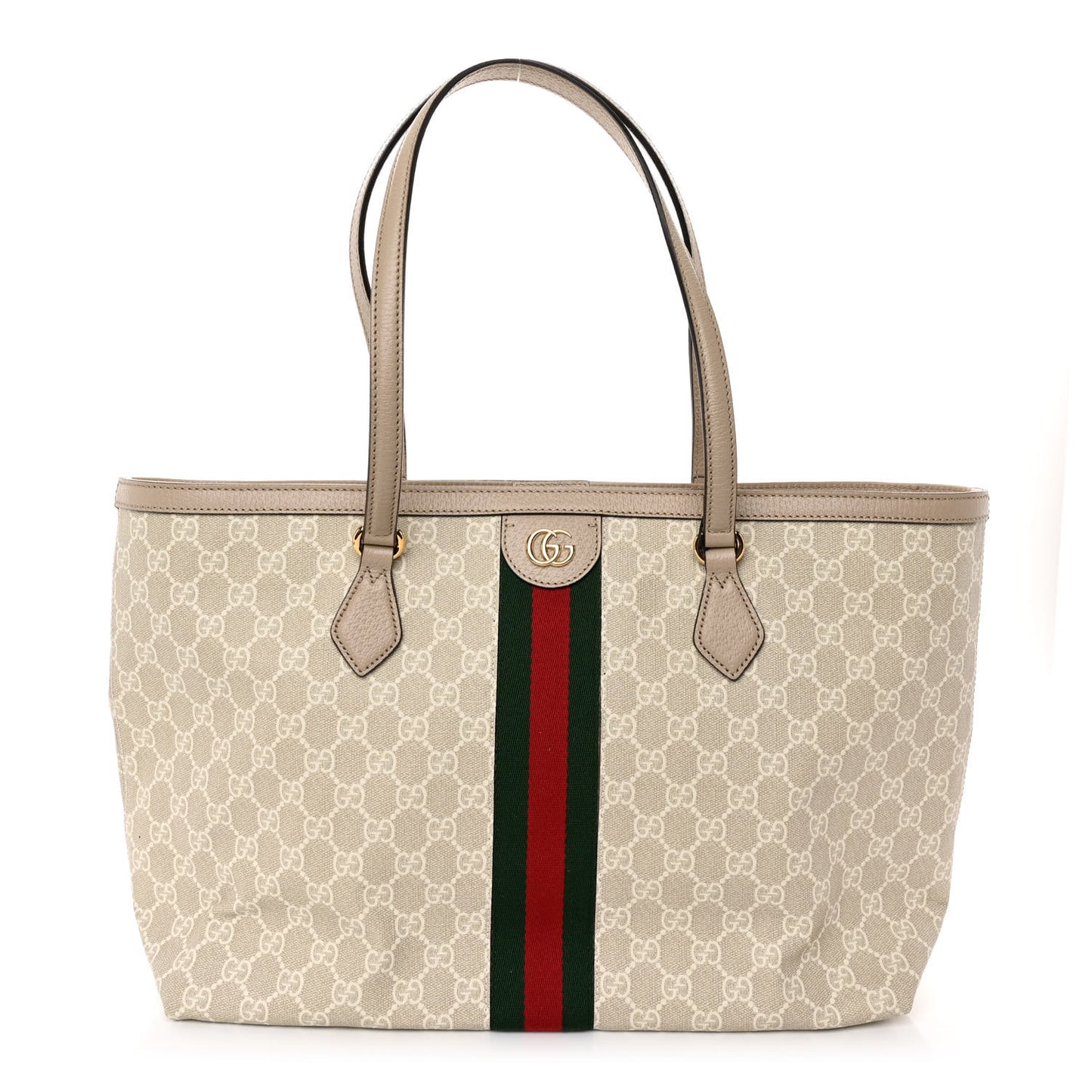 GG Supreme Monogram Textured Dollar Calfskin Web Medium Ophidia Shopping Tote Beige Mystic White Oatmeal