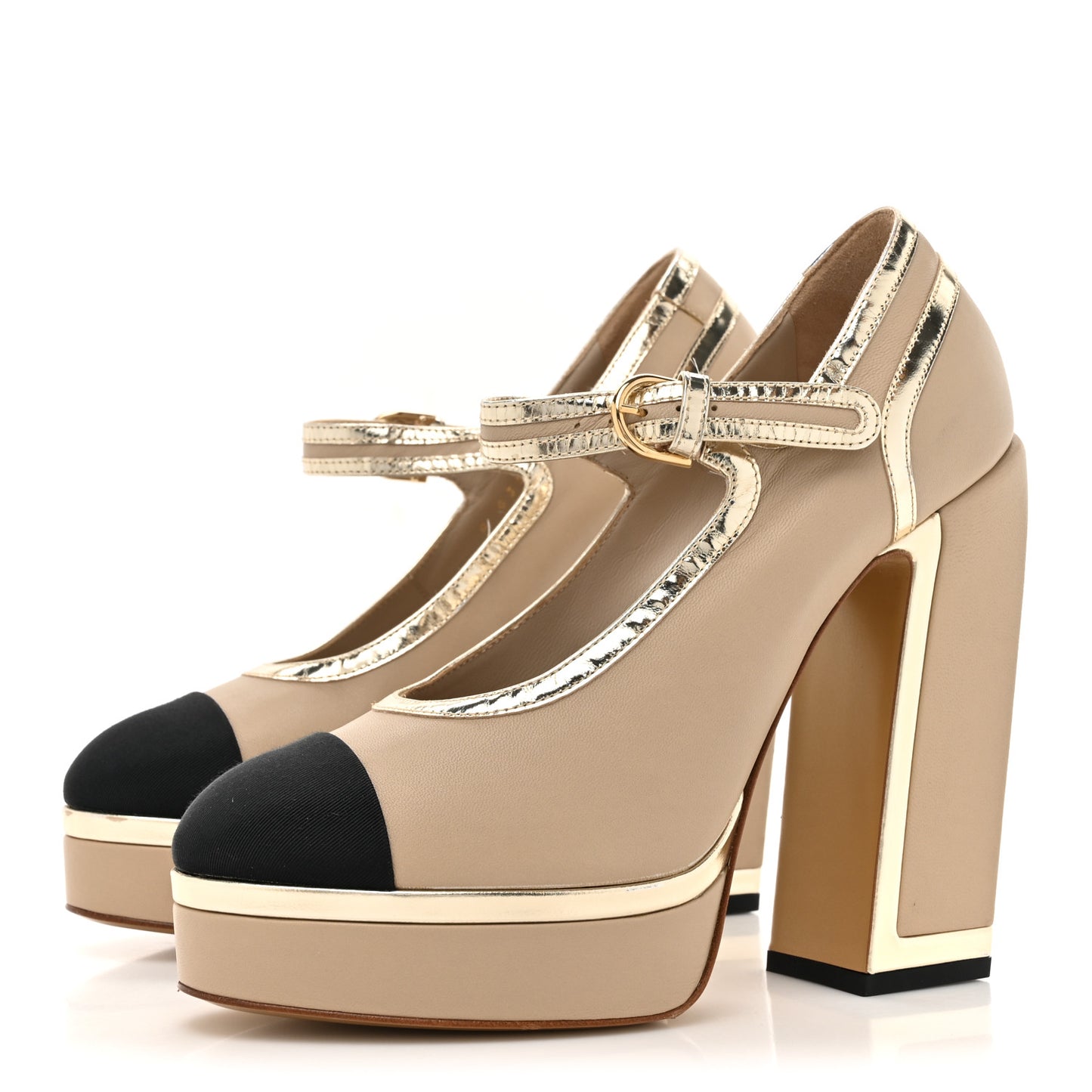 Lambskin Metallic Cap Toe Mary Jane Platform Pumps 38 Gold