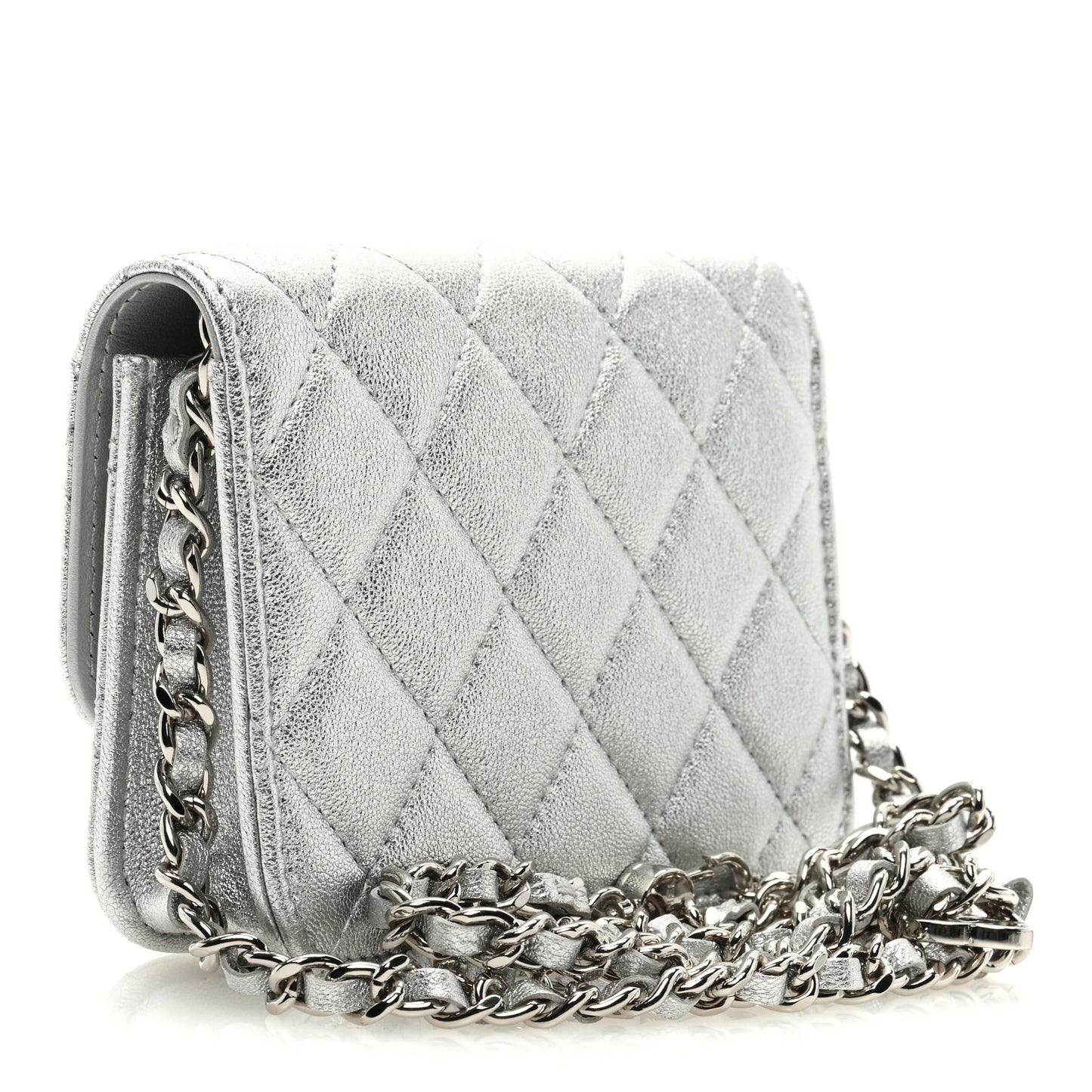 Metallic Goatskin Quilted Star Flap Waist Belt Bag Silver