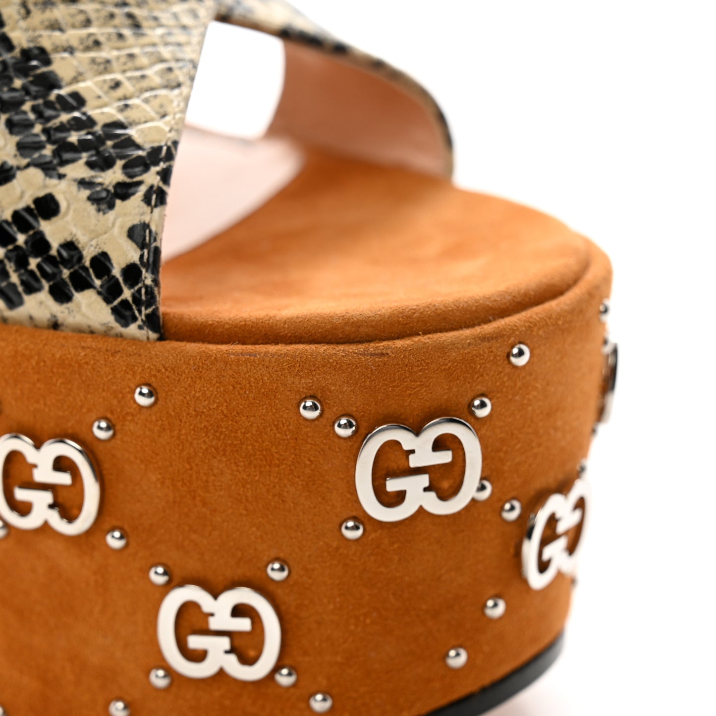 Malaga Kid Suede Snakeskin Interlocking G Studs 155mm Platform Sandals 40.5 Beige Cognac