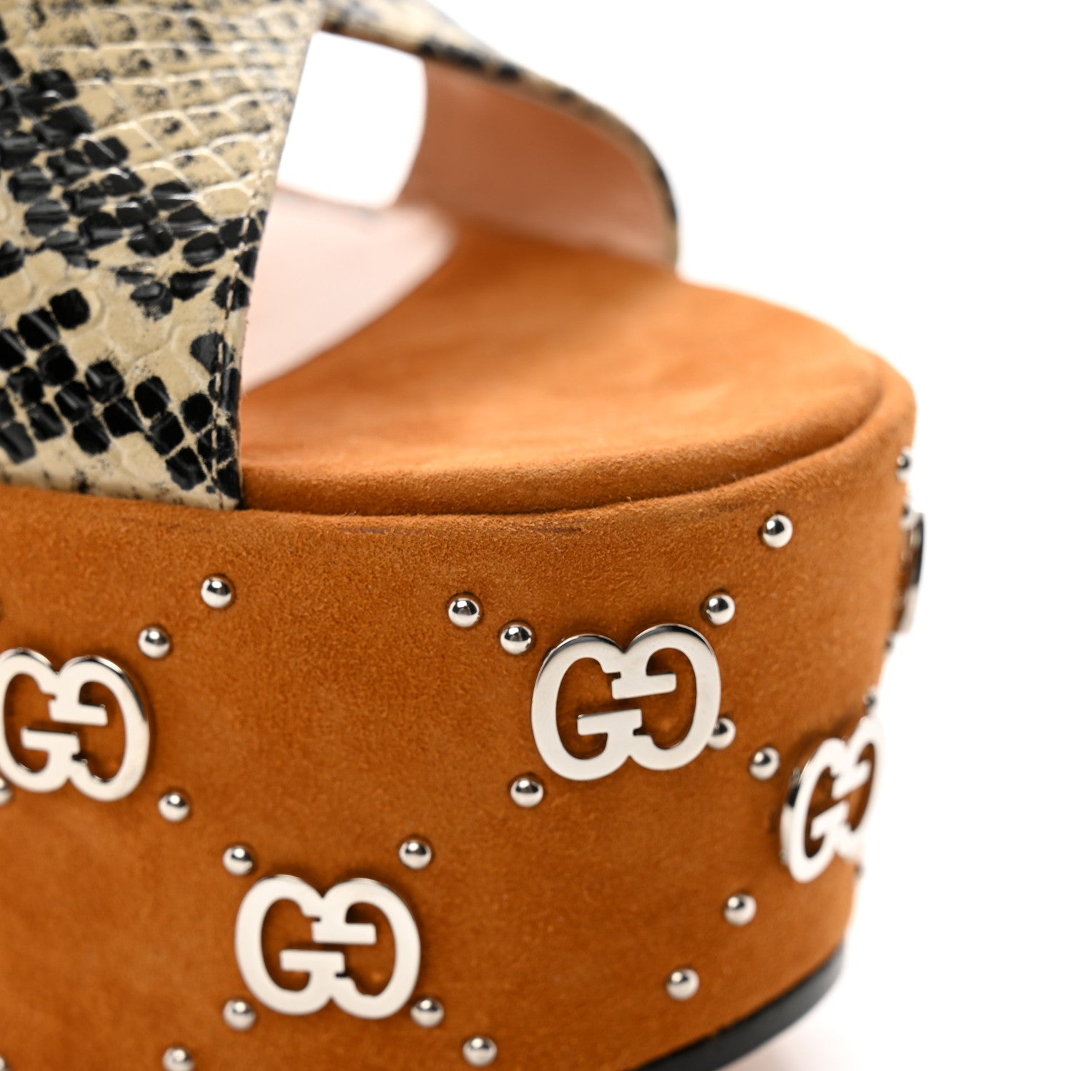Gucci Malaga Kid Suede Snakeskin Interlocking G Studs 155mm Platform Sandals 40.5 Beige Cognac 9 of 13