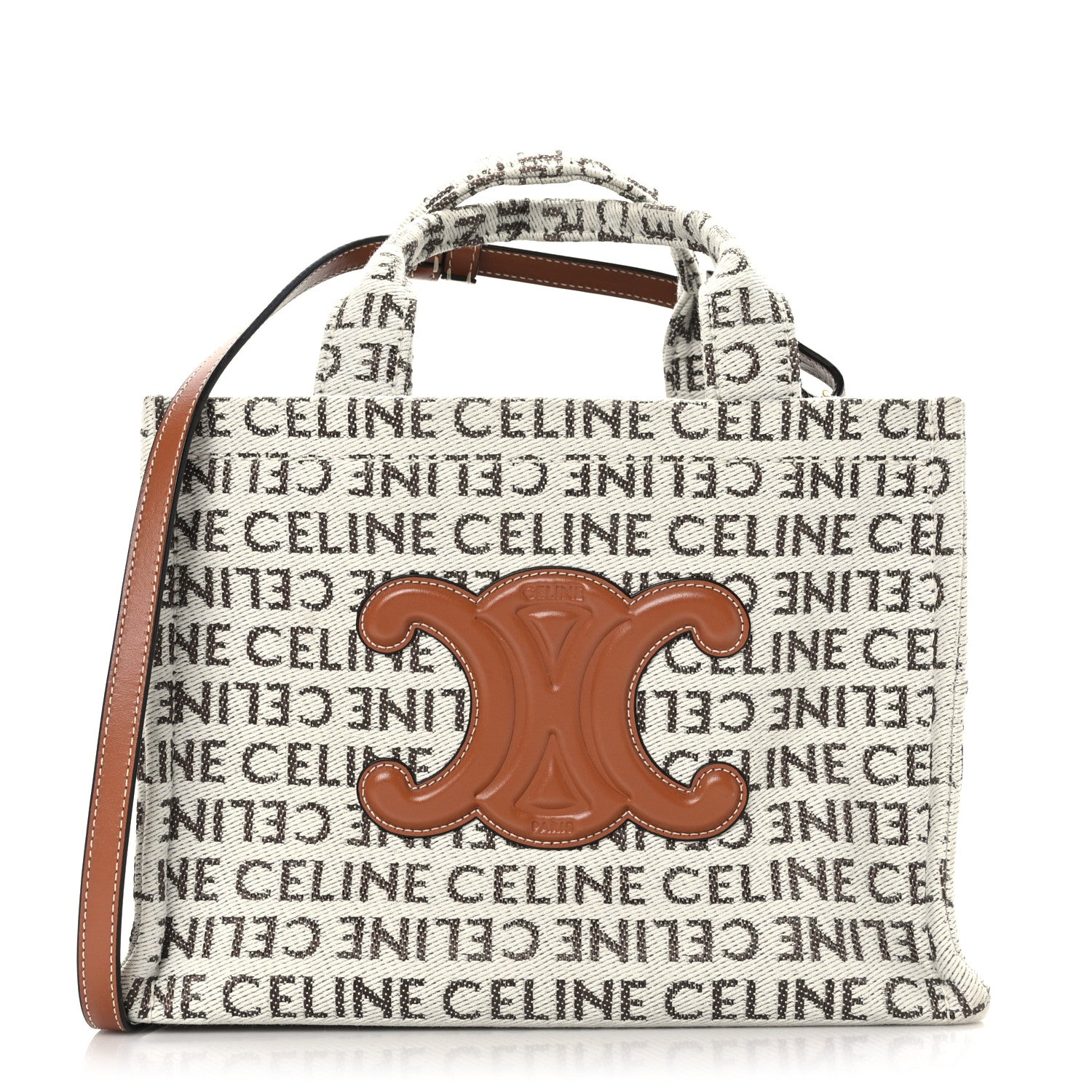 Celine Canvas Calfskin All Over Print Small Cabas Thais White Tan 1 of 10