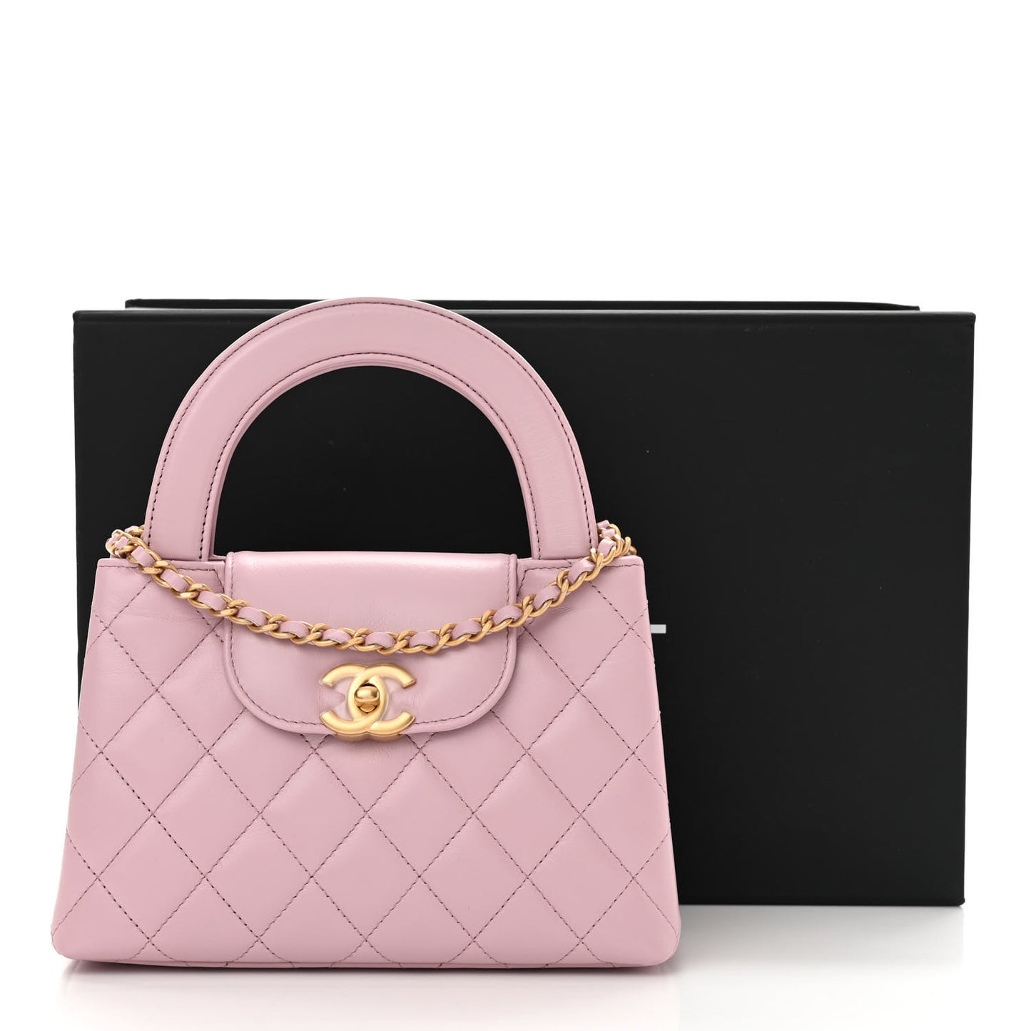 Shiny Aged Calfskin Quilted Nano Kelly Shopper Pink