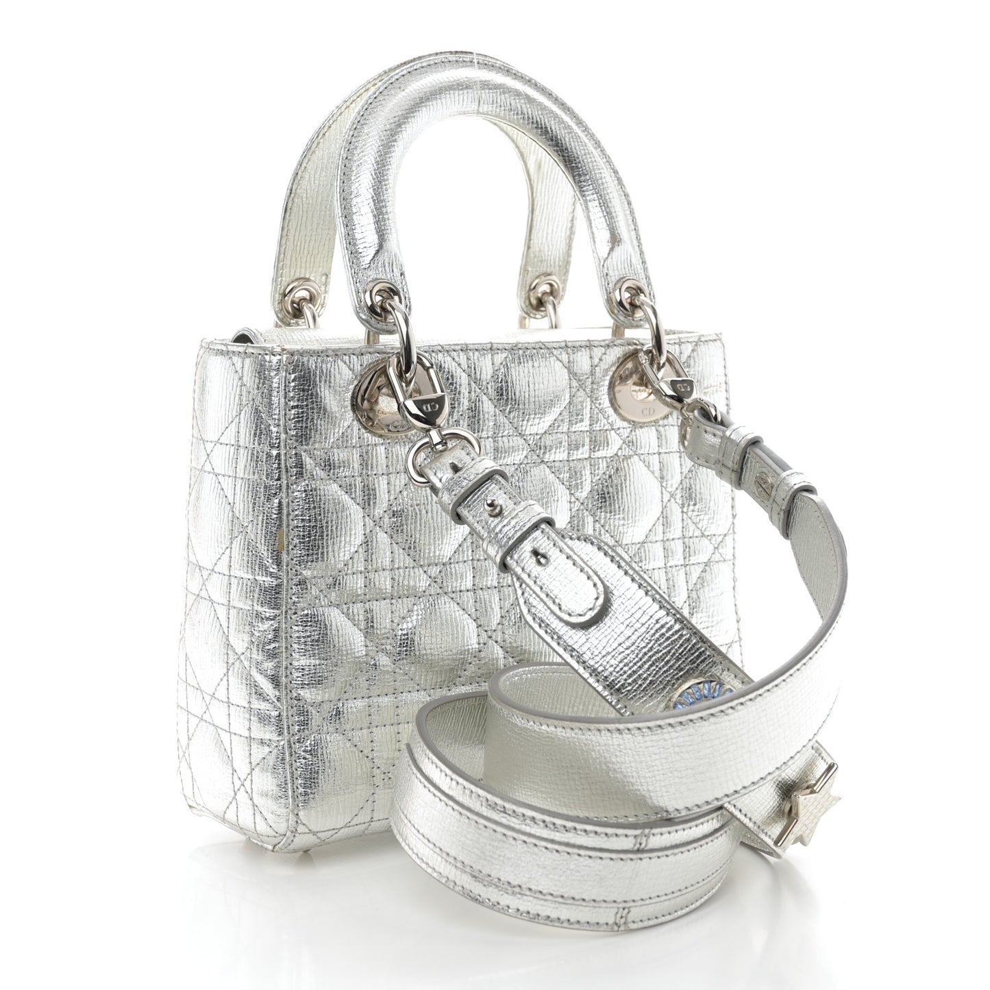 Metallic Lambskin Cannage Small Lucky Badges Lady Dior Silver
