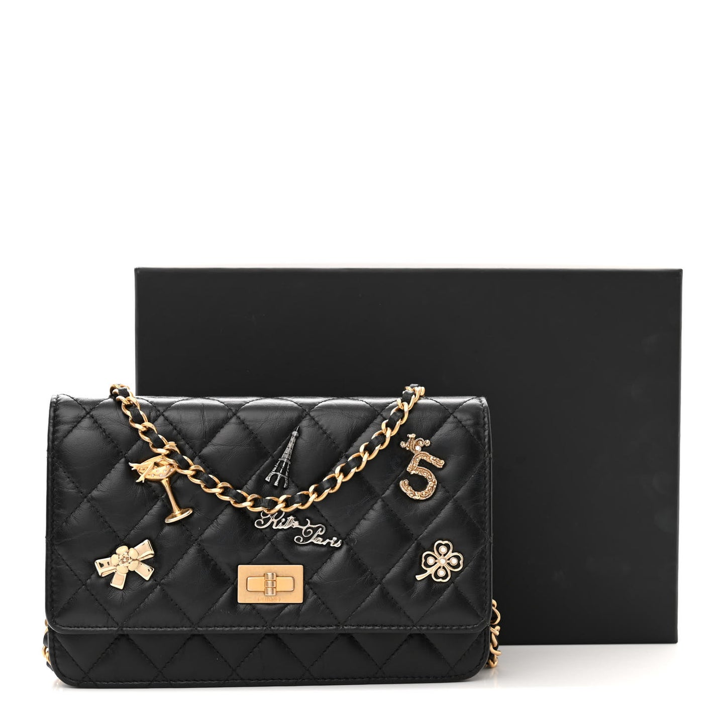 Aged Calfskin Quilted Lucky Charms 2.55 Reissue Wallet On Chain WOC Black