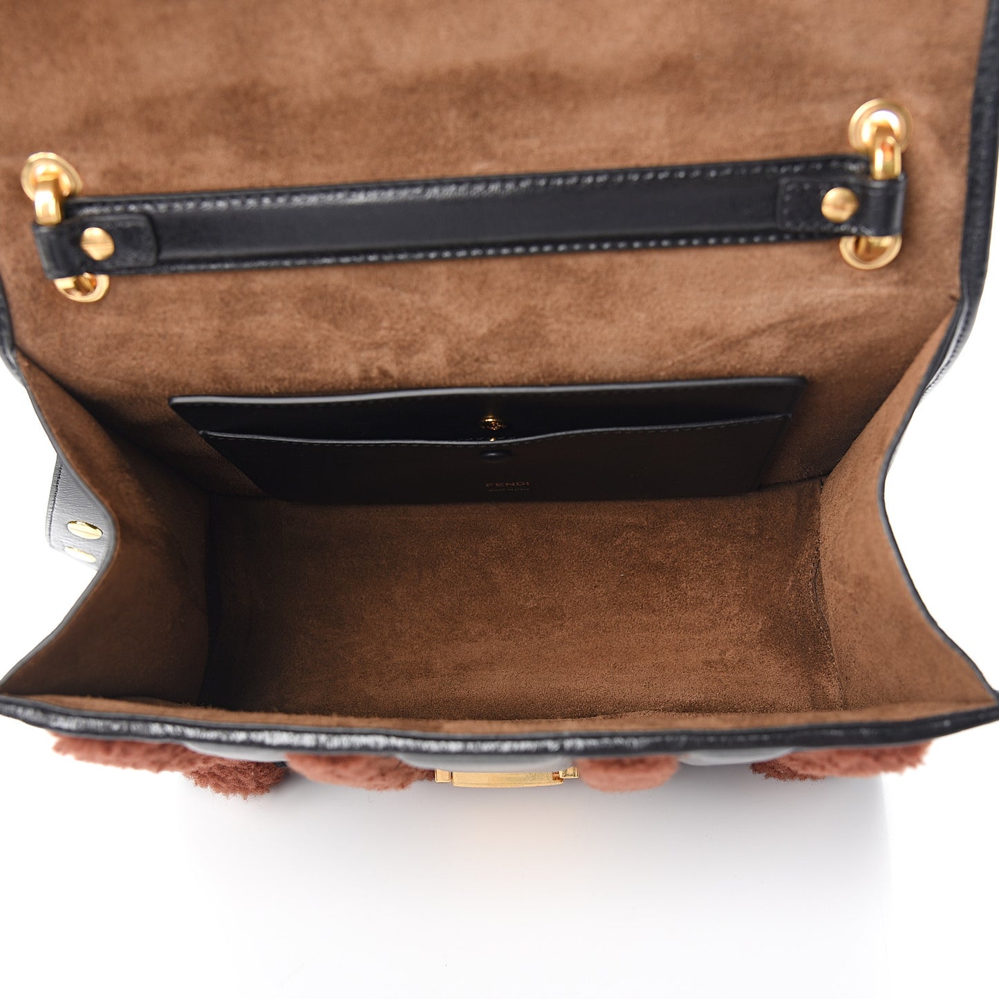 Agnello Old Shine Shearling F is Fendi Embossed Kan U Shoulder Bag Black Foresta